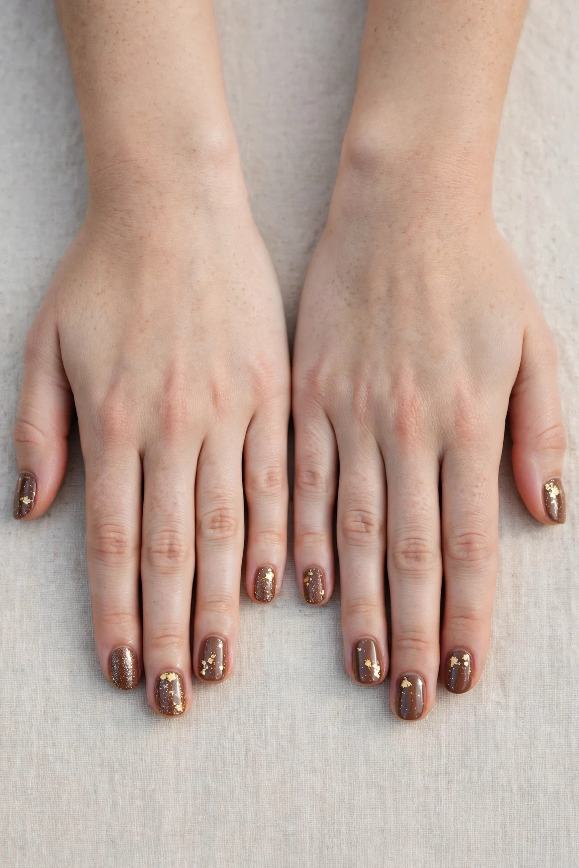 Short Round Mocha Brown Glitter Christmas Nails with a deep glossy shine and gold foil accents