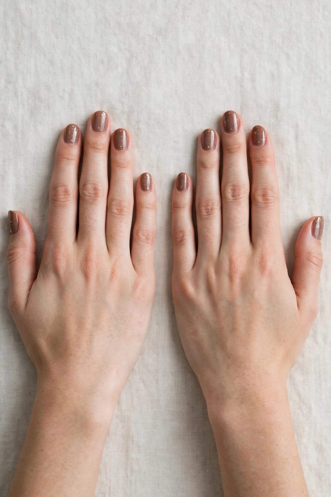 Short Oval Mocha Brown Glitter Christmas Nails with a high-gloss finish and tiny gold dots