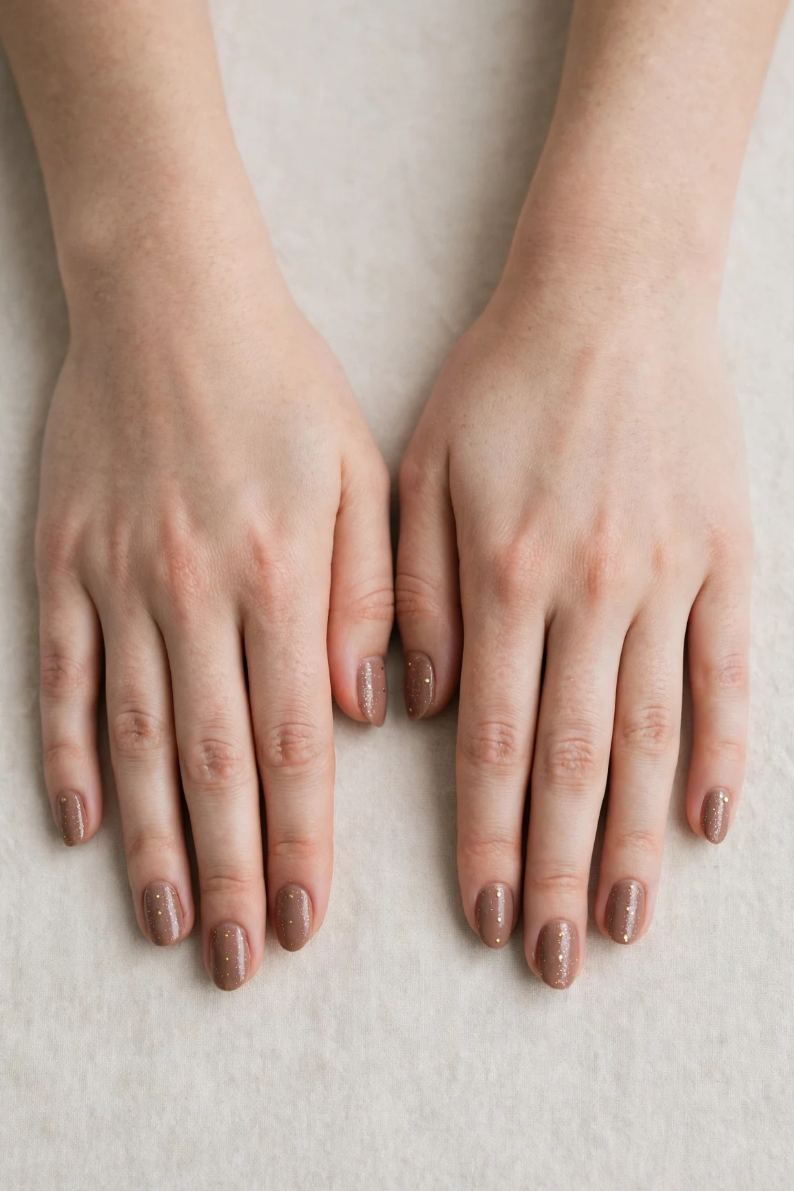 Oval Mocha Brown Glitter Christmas Nails with a velvet matte finish and tiny gold dots