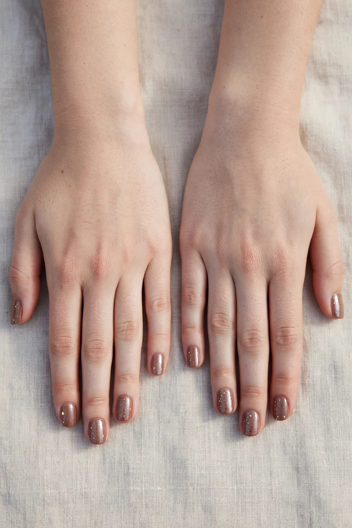 Short Square Mocha Brown Glitter Christmas Nails with a chrome shine and tiny gold dots