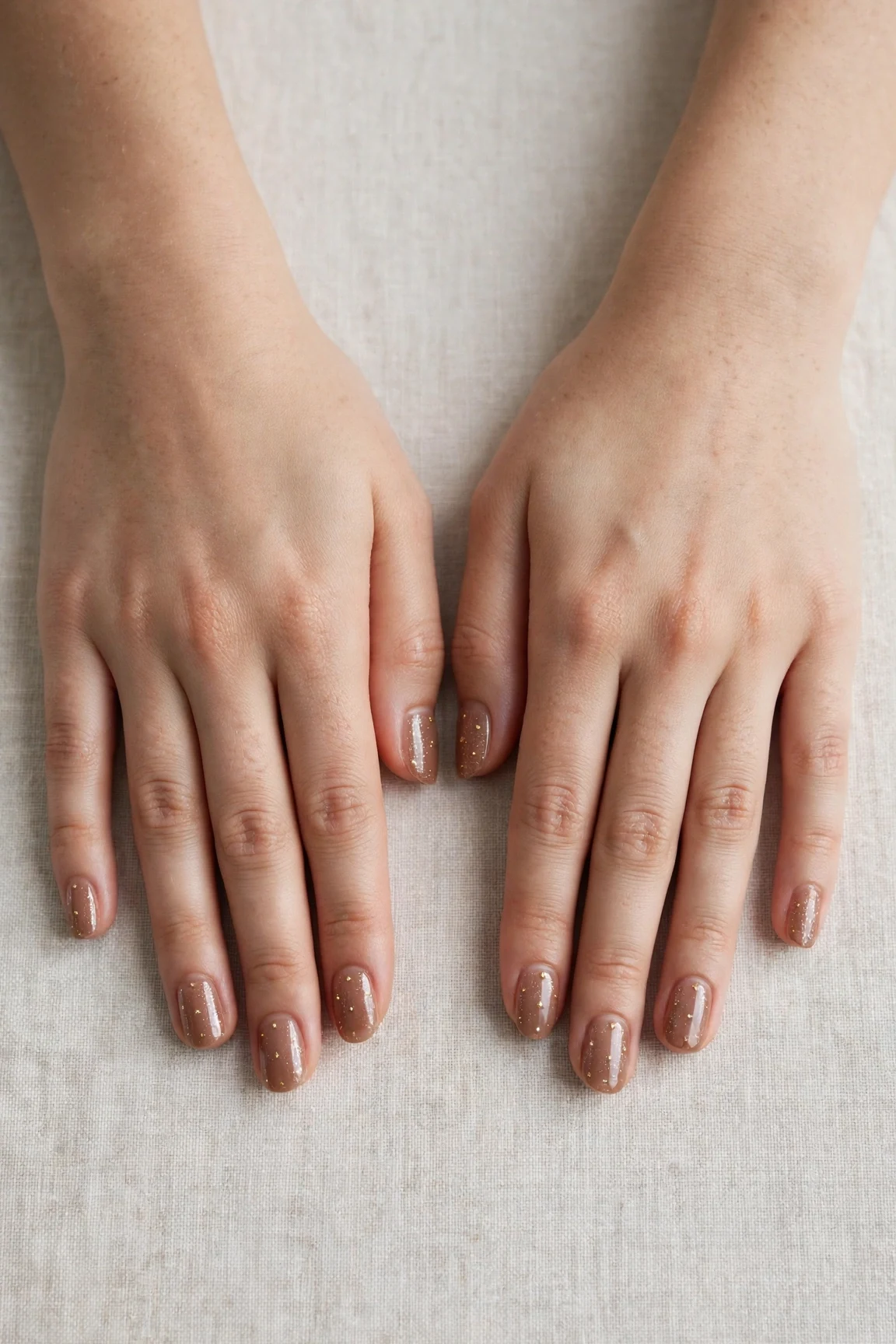 Squoval Mocha Brown Glitter Christmas Nails with a sheer jelly finish and tiny gold dots