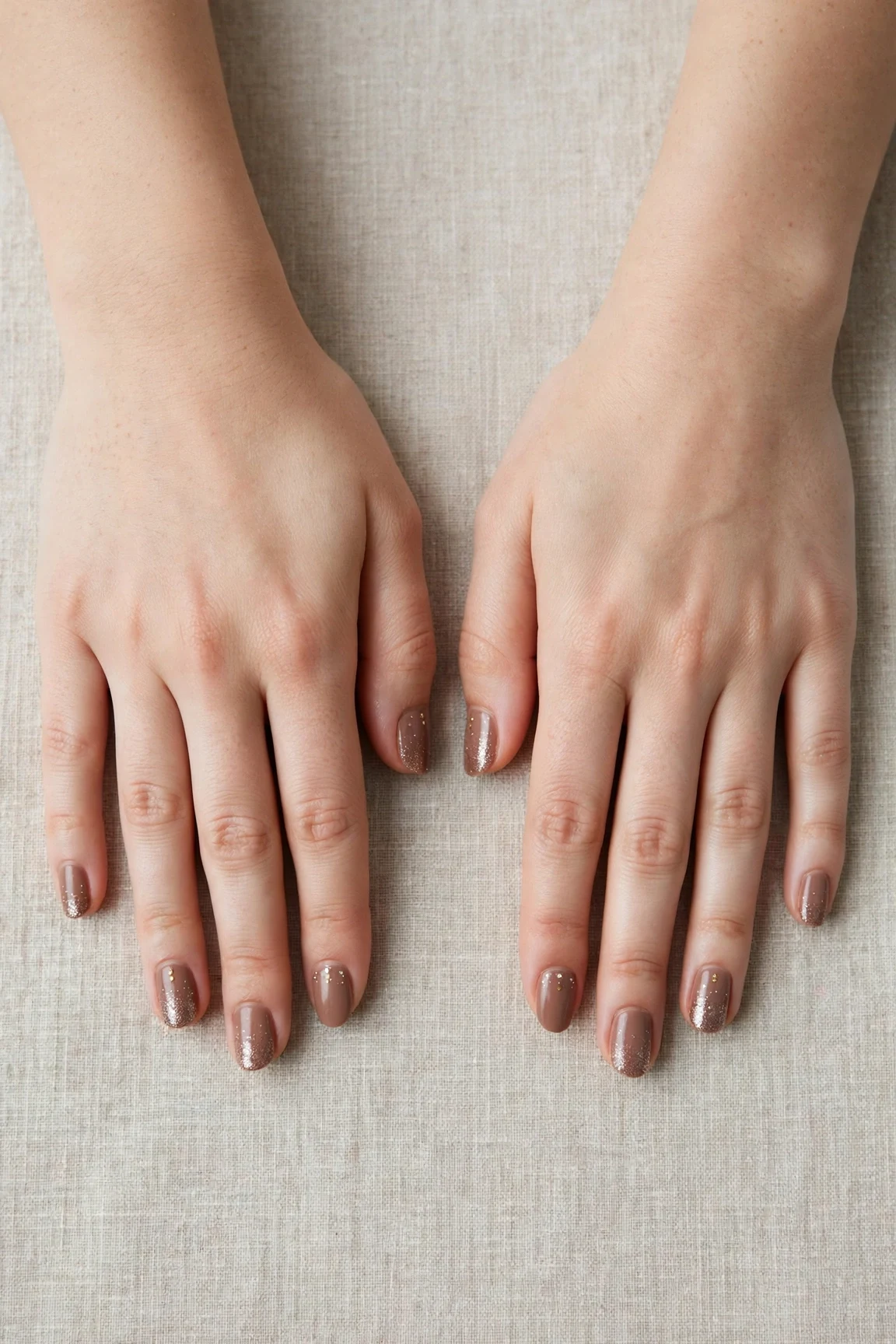 Short Oval Mocha Brown Glitter Christmas Nails with a glitter gradient finish and tiny gold dots