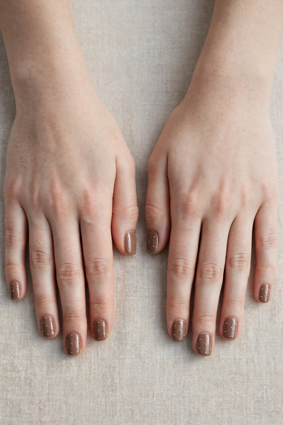 Short Square Mocha Brown Glitter Christmas Nails with a glassy gel finish and tiny gold dots