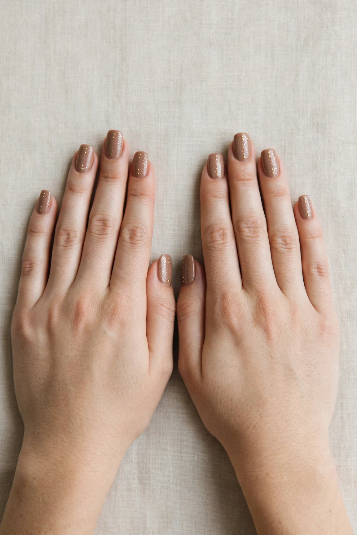 Squoval Mocha Brown Glitter Christmas Nails with a creamy opaque finish and tiny gold dots