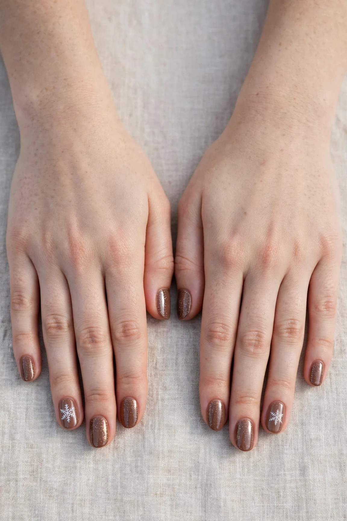 Short Oval Mocha Brown Glitter Christmas Nails with a high-gloss finish and a delicate snowflake on the ring finger