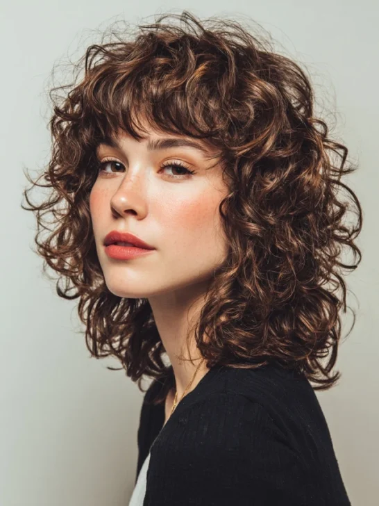 Natural Texture Spring Hairstyles For Curly Hair With Defined Curls With Silky Smooth Strands, A Soft Side-Swept Fringe And Natural Brunette Depth