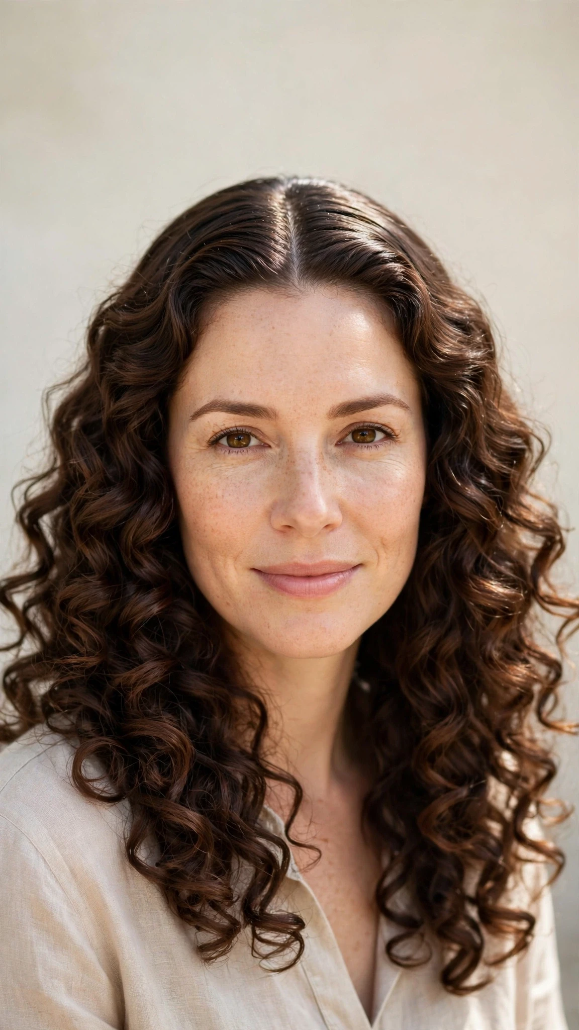 Natural Texture Spring Hairstyles For Curly Hair With Defined Curls With A Sleek Straight Finish, A Centre Part With Soft Layers And Rich Chocolate Depth