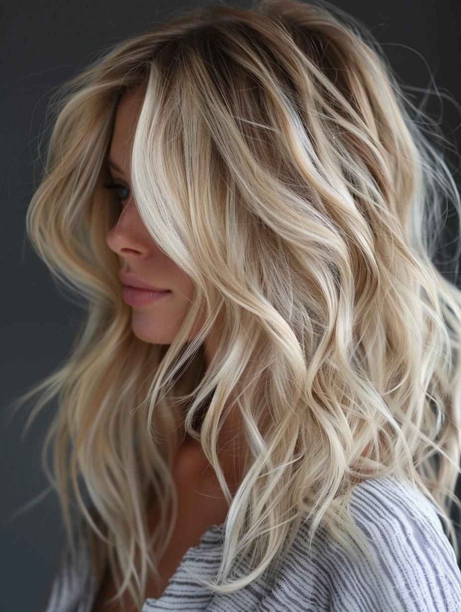 Natural Texture Spring Hairstyles For Thick Hair With A Layered Shape With Soft Waves, A Deep Side Part And Delicate Blonde Dimension