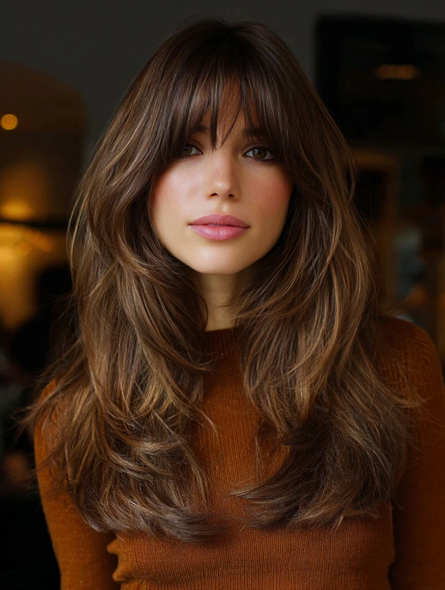 Natural Texture Spring Hairstyles For Thick Hair With A Layered Shape With A Polished Blowout, Curtain Pieces And Warm Chestnut Warmth