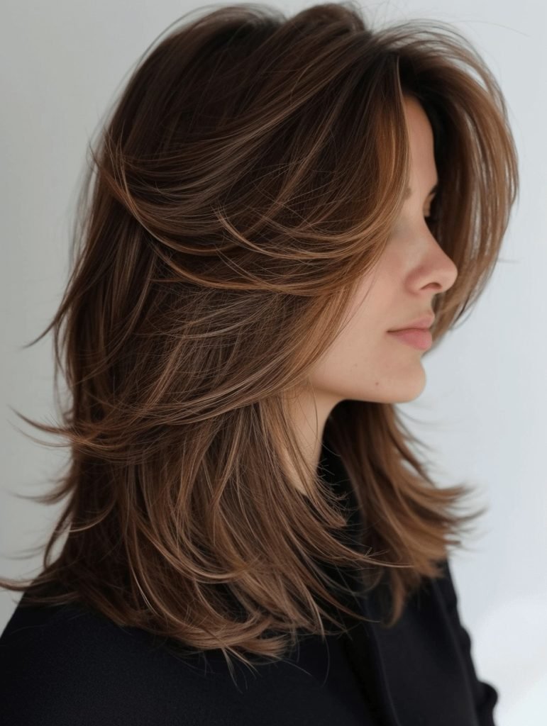 Natural Texture Spring Hairstyles For Thick Hair With A Layered Shape With A Polished Blowout, Subtle Internal Layers And Rich Chocolate Depth