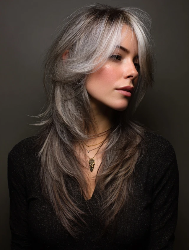 Natural Texture Spring Hairstyles For Thick Hair With A Layered Shape With Smooth Glossy Lengths, A Soft Side-Swept Fringe And Silver-Blended Brightness