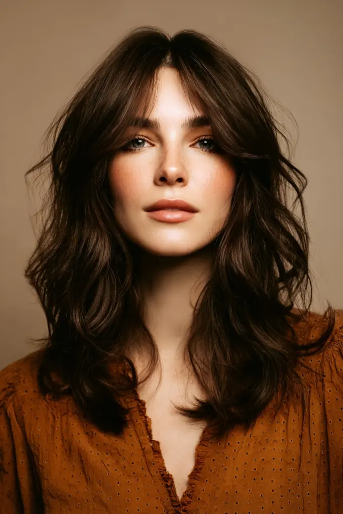 Natural Texture Spring Hairstyles For Wavy Hair With A Salt Spray Finish With Smooth Glossy Lengths, A Layered Shape That Moves And Warm Chestnut Warmth