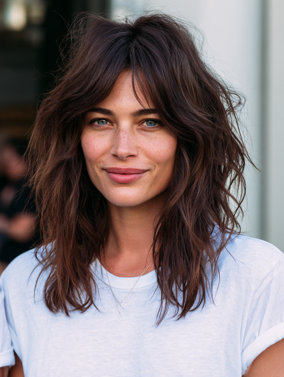 Natural Texture Spring Hairstyles For Wavy Hair With A Salt Spray Finish With A Polished Blowout, A Centre Part With Soft Layers And Natural Brunette Depth