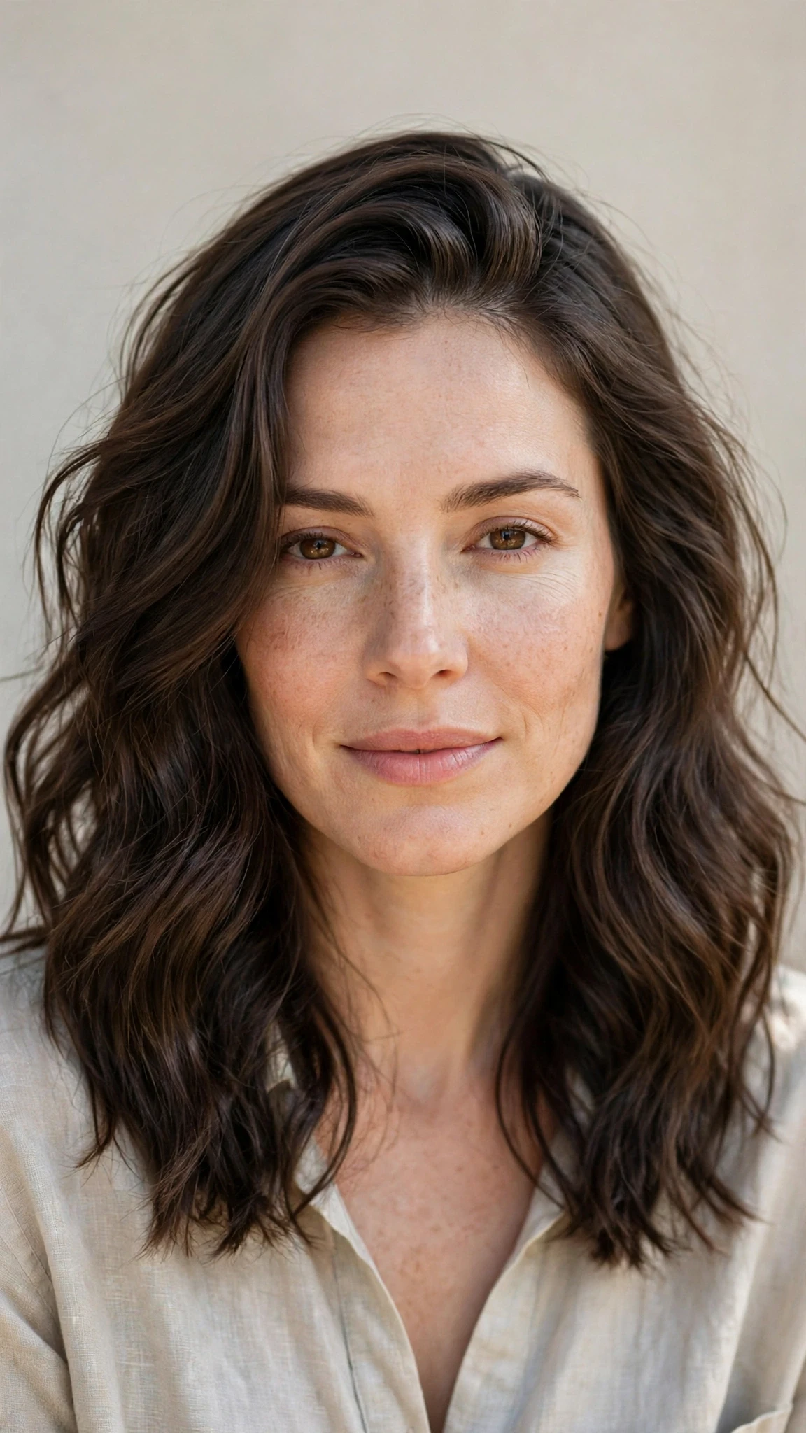 Natural Texture Spring Hairstyles For Wavy Hair With A Salt Spray Finish With Smooth Glossy Lengths, A Deep Side Part And Natural Brunette Depth