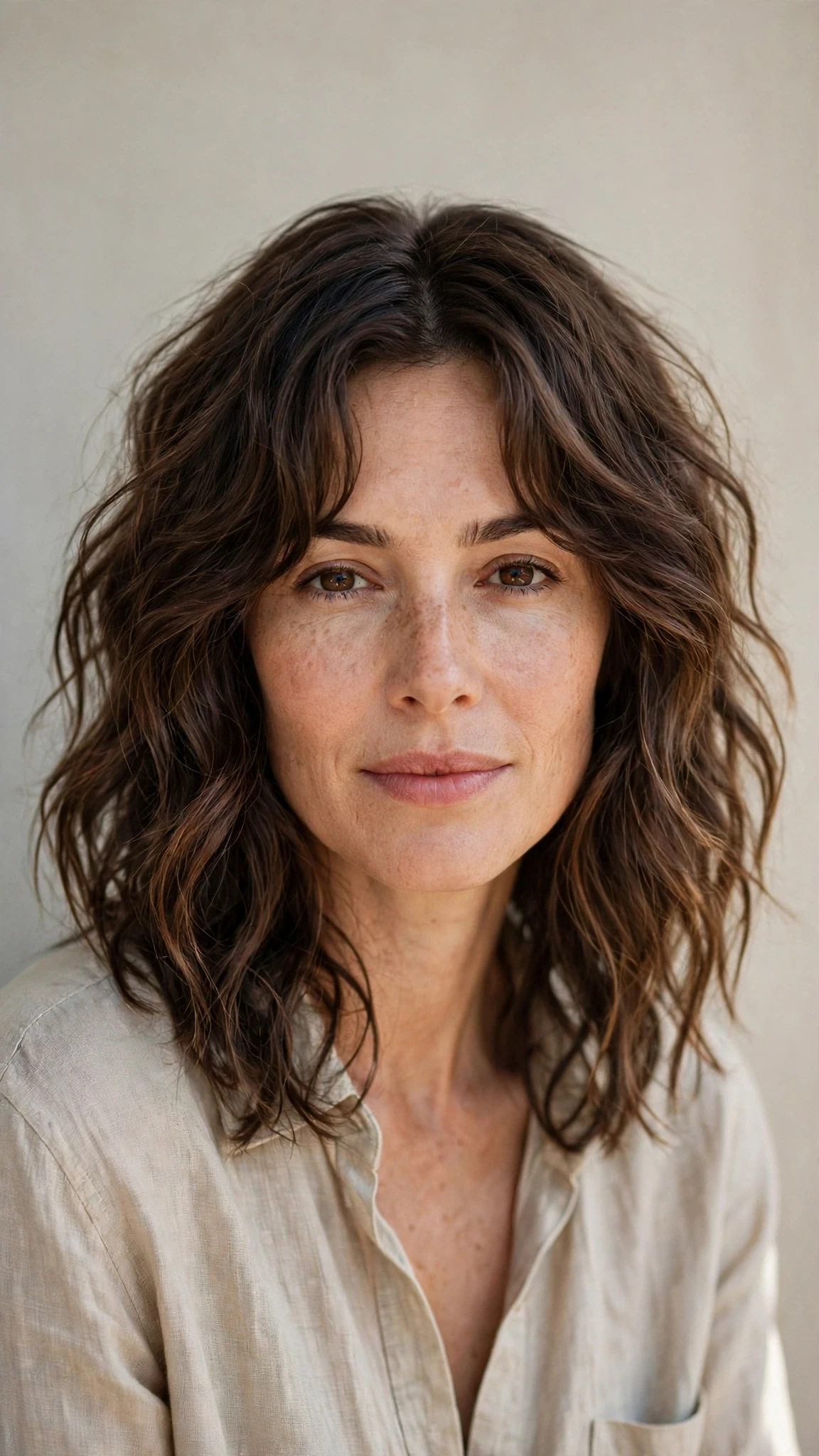 Natural Texture Spring Hairstyles For Wavy Hair With A Salt Spray Finish With A Relaxed Lived-In Wave, Curtain Pieces And Rich Chocolate Depth