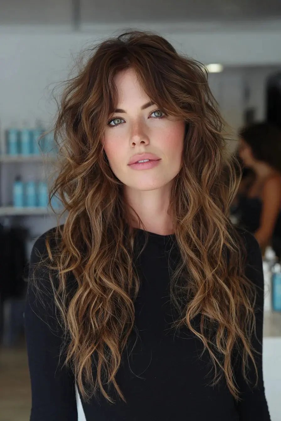 Natural Texture Spring Hairstyles For Wavy Hair With A Salt Spray Finish With A Polished Blowout, A Centre Part With Soft Layers And Soft Golden Pieces