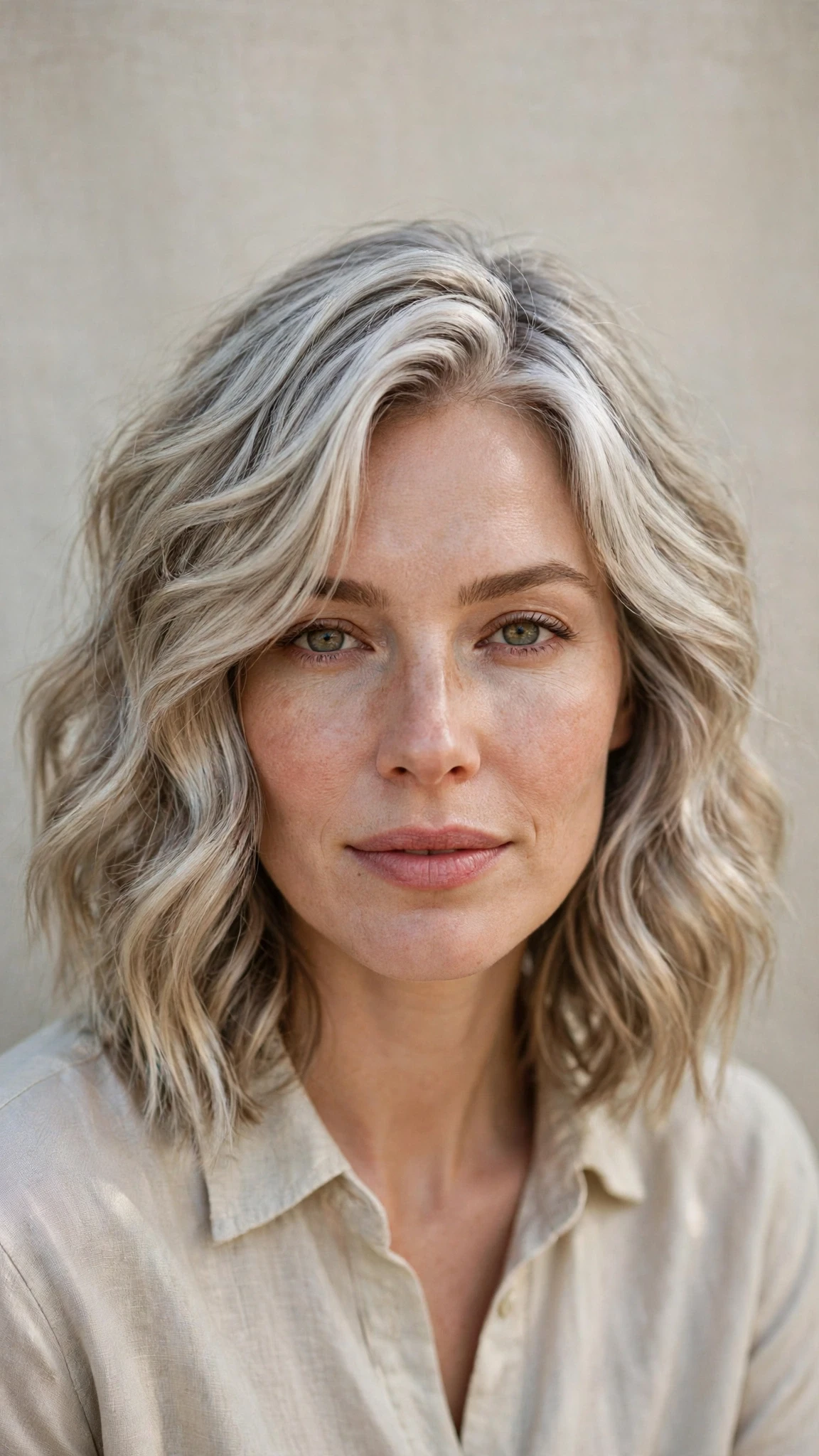 Natural Texture Spring Hairstyles With Air Dried Waves With Soft Waves, A Soft Side-Swept Fringe And Silver-Blended Brightness