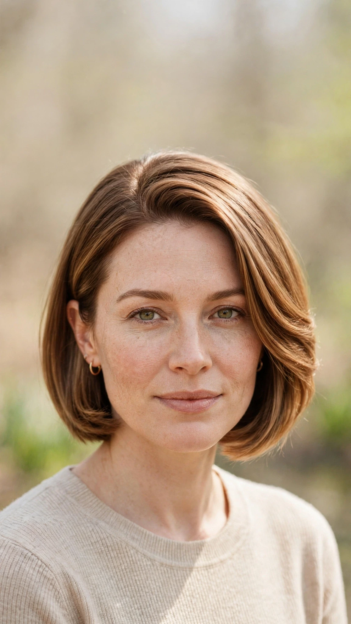 Olsen Tuck Hairstyles For Spring With A Sleek Bob And Minimal Styling With Smooth Glossy Lengths, Graduated Layers And Warm Caramel Tones