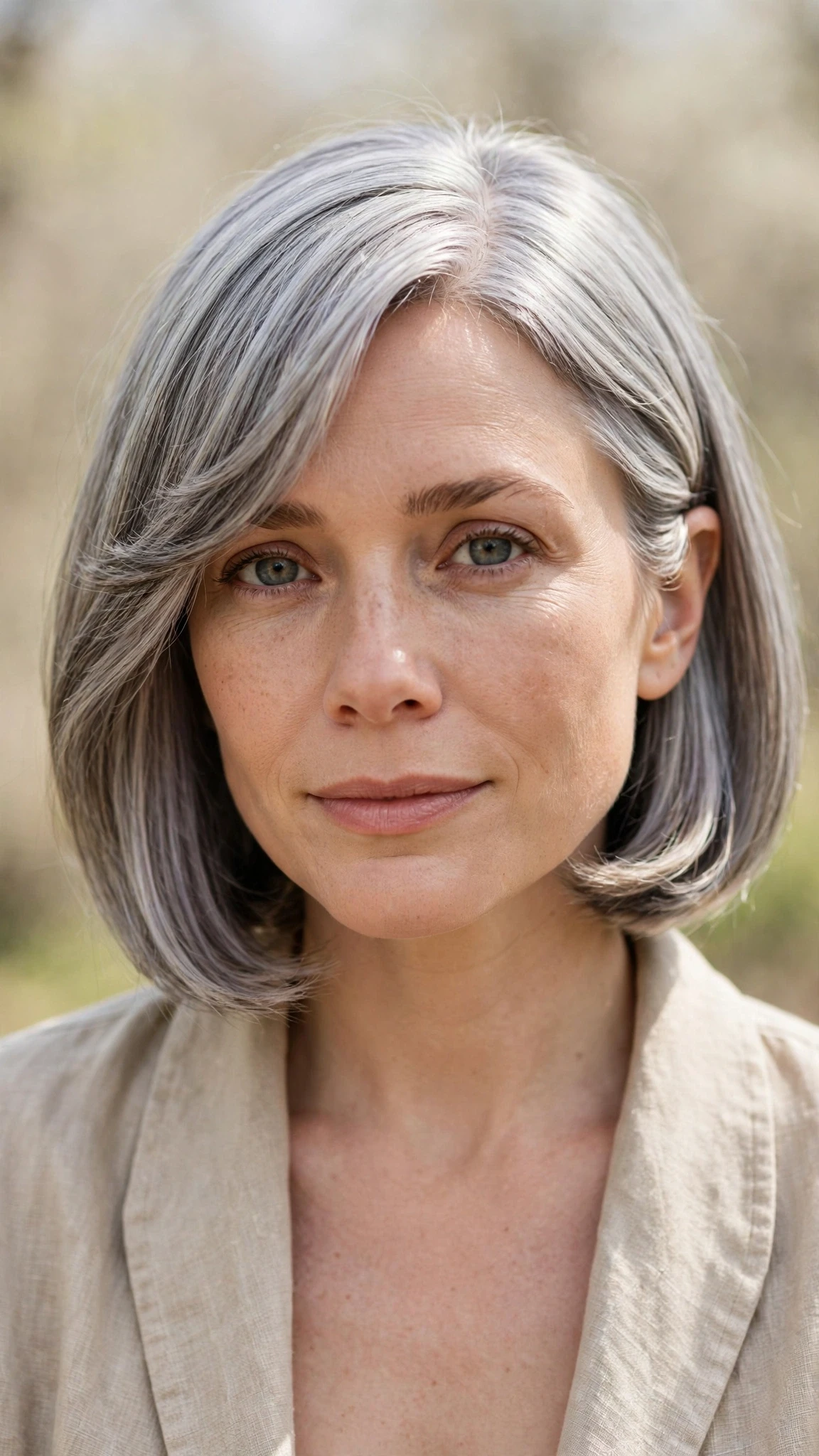 Olsen Tuck Hairstyles For Spring With A Sleek Bob And Minimal Styling With Smooth Glossy Lengths, A Soft Side-Swept Fringe And Silver-Blended Brightness