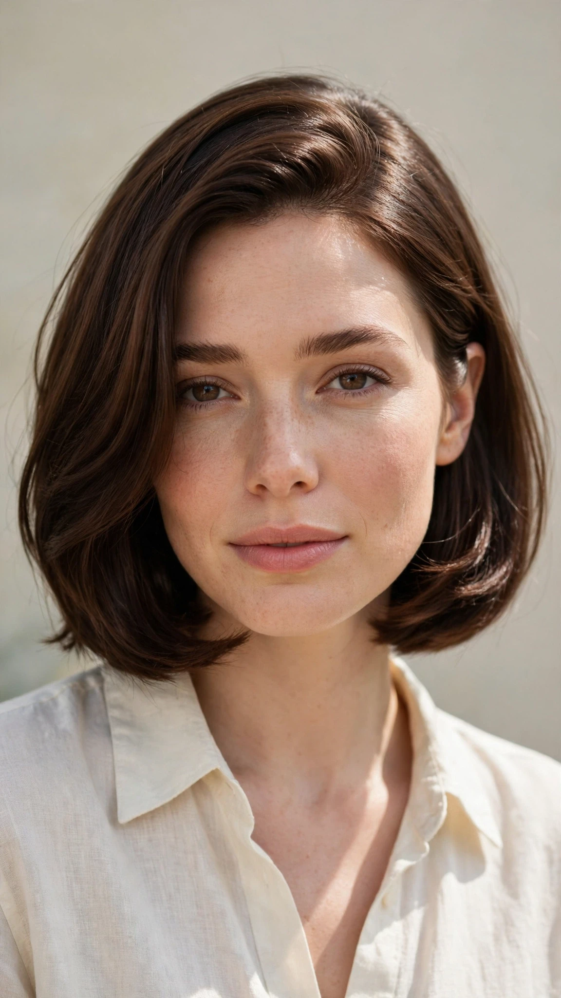 Olsen Tuck Hairstyles For Spring With A Sleek Bob And Minimal Styling With Smooth Glossy Lengths, Face-Framing Layers And Rich Chocolate Depth
