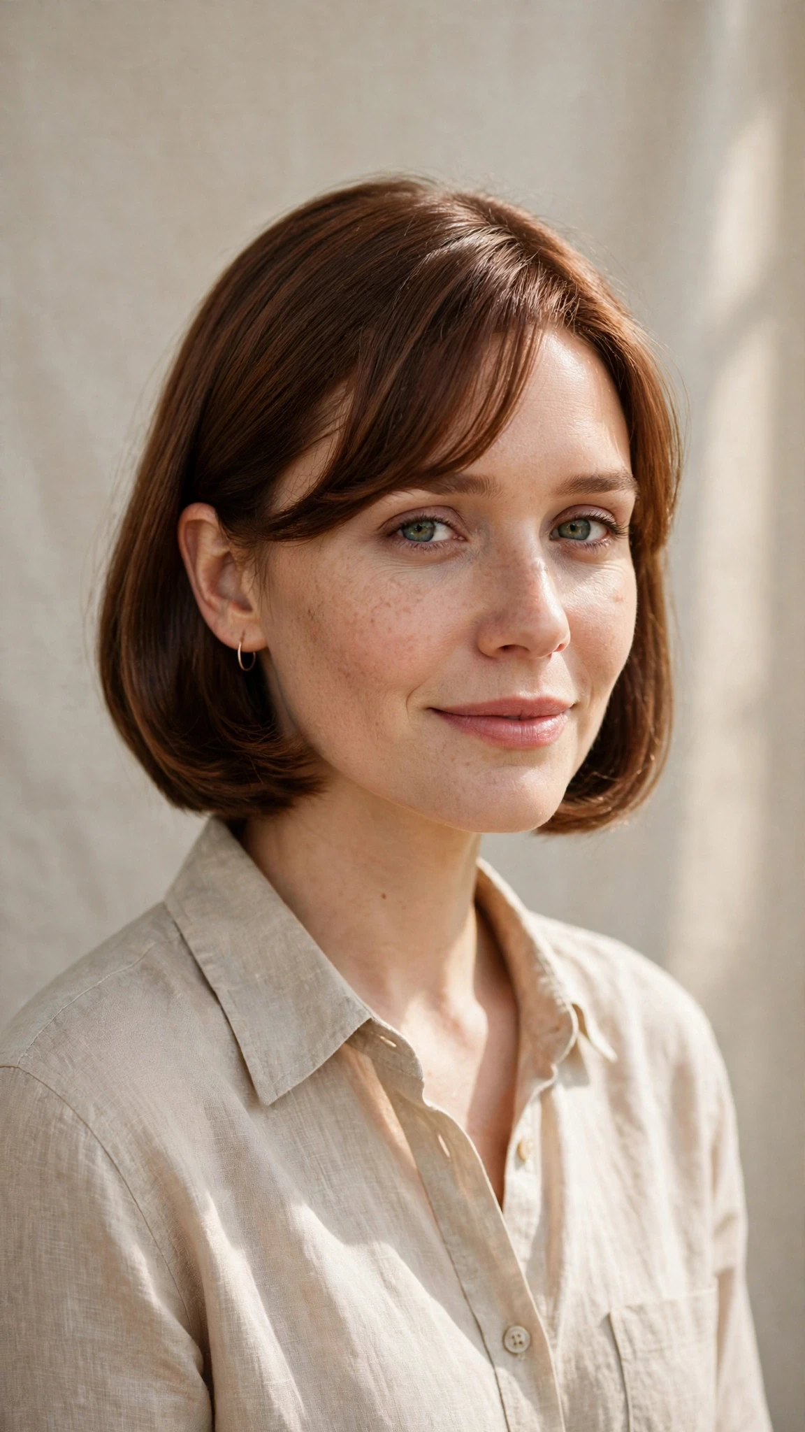 Olsen Tuck Hairstyles For Spring With A Sleek Bob And Minimal Styling With Smooth Glossy Lengths, A Soft Side-Swept Fringe And Warm Chestnut Warmth