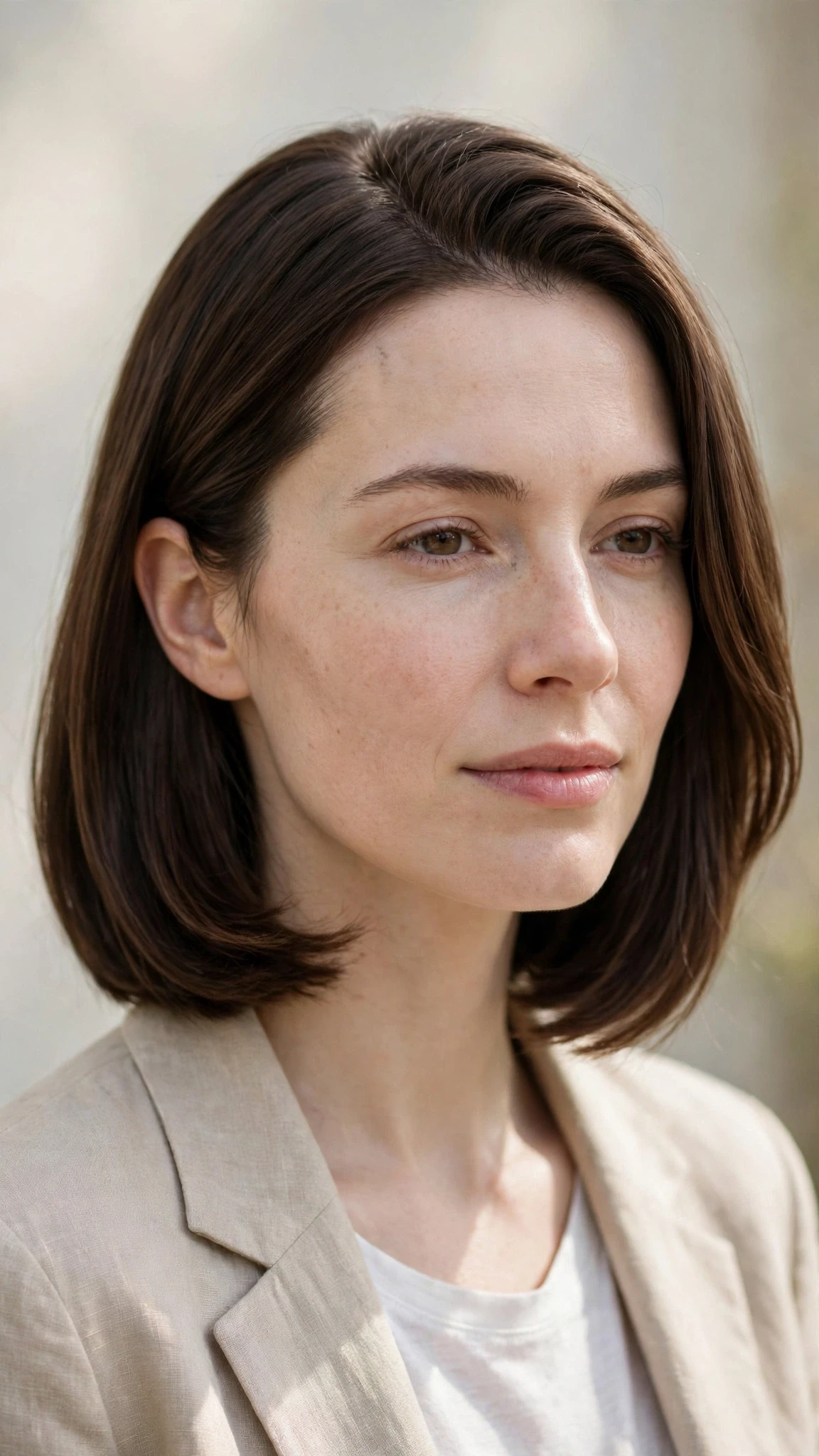 Olsen Tuck Hairstyles For Spring With A Sleek Bob And Minimal Styling With Smooth Glossy Lengths, Graduated Layers And Natural Brunette Depth