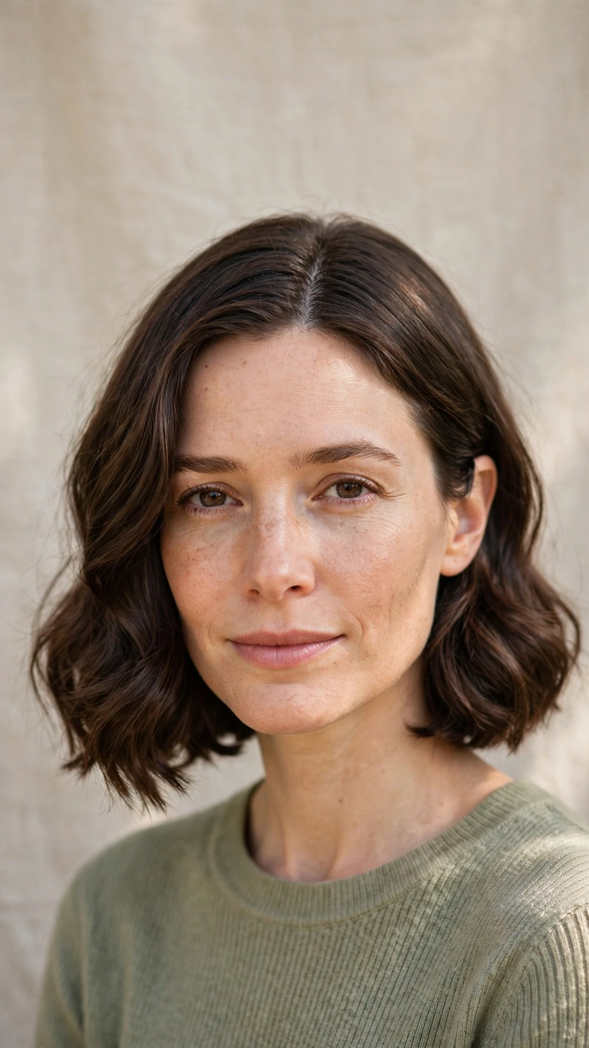 Olsen Tuck Hairstyles For Spring With A Sleek Bob And Minimal Styling With A Relaxed Lived-In Wave, A Centre Part With Soft Layers And Natural Brunette Depth