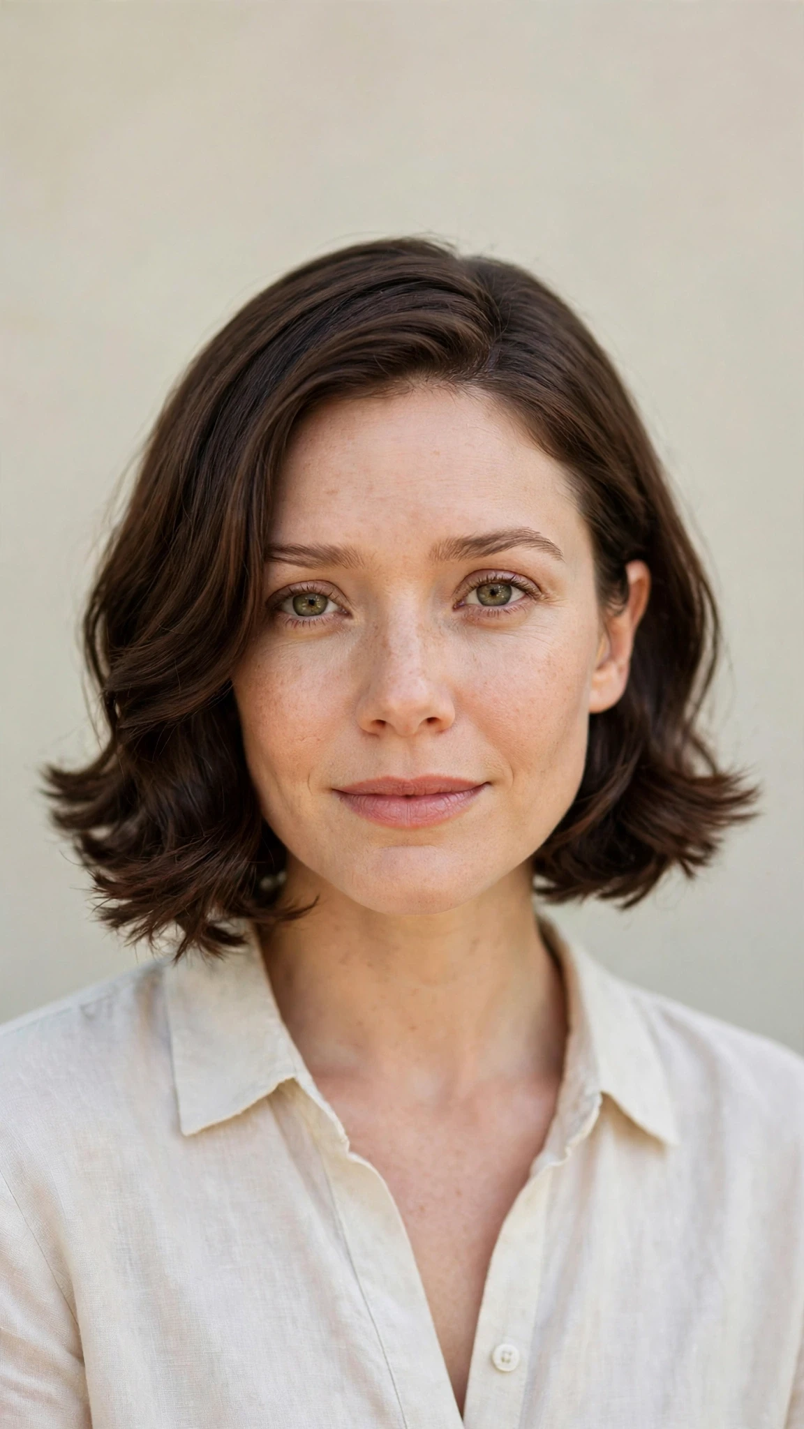Olsen Tuck Hairstyles For Spring With A Sleek Bob And Minimal Styling With Soft Waves, Feathered Ends And Rich Chocolate Depth