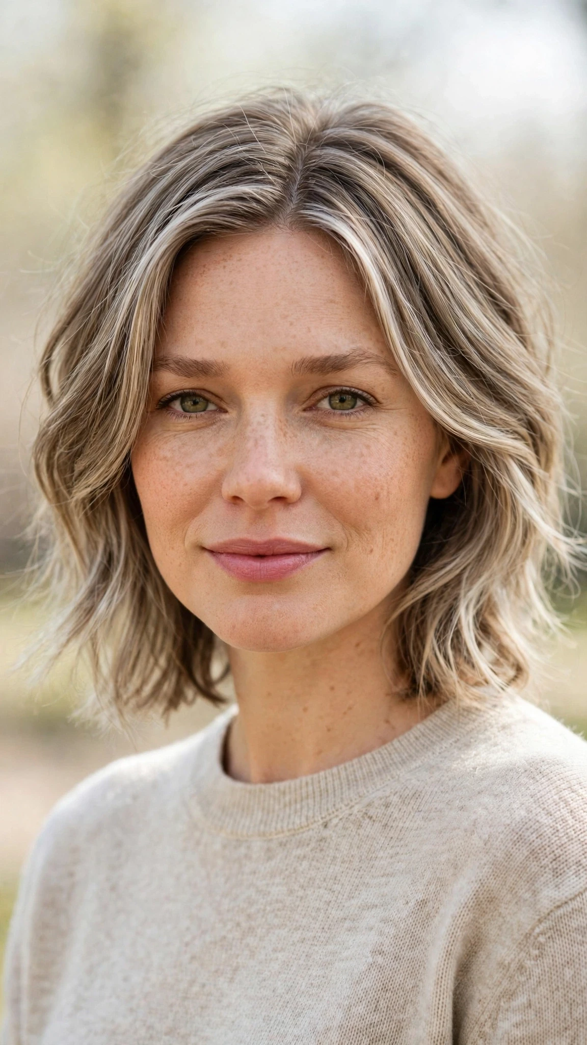 Olsen Tuck Hairstyles For Spring With Hair Tucked Behind The Ears With Gentle Tousled Texture, Face-Framing Layers And Silver-Blended Brightness