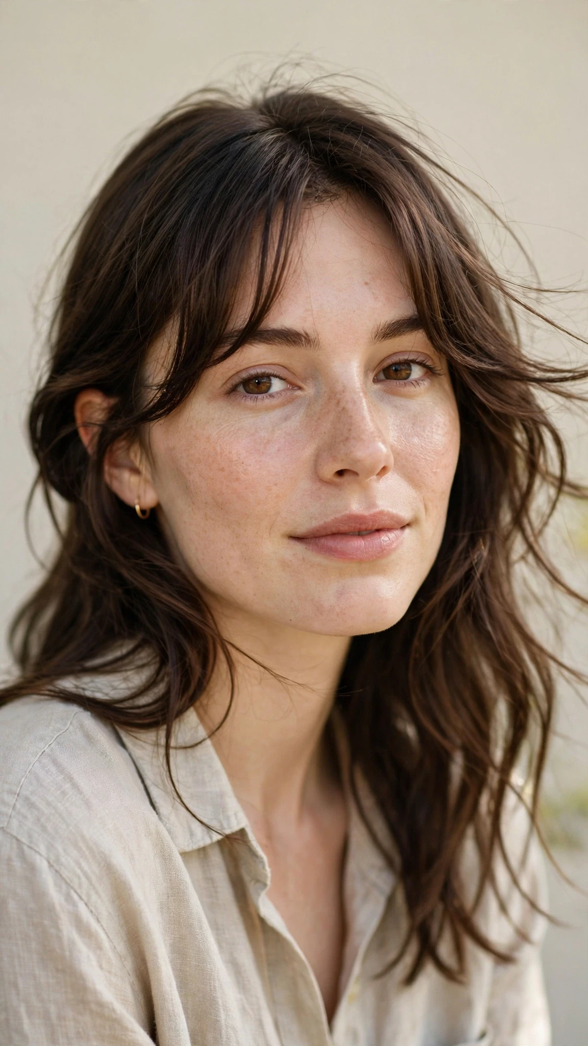 Olsen Tuck Hairstyles For Spring With Hair Tucked Behind The Ears With Delicate Natural Movement, Curtain Pieces And Natural Brunette Depth