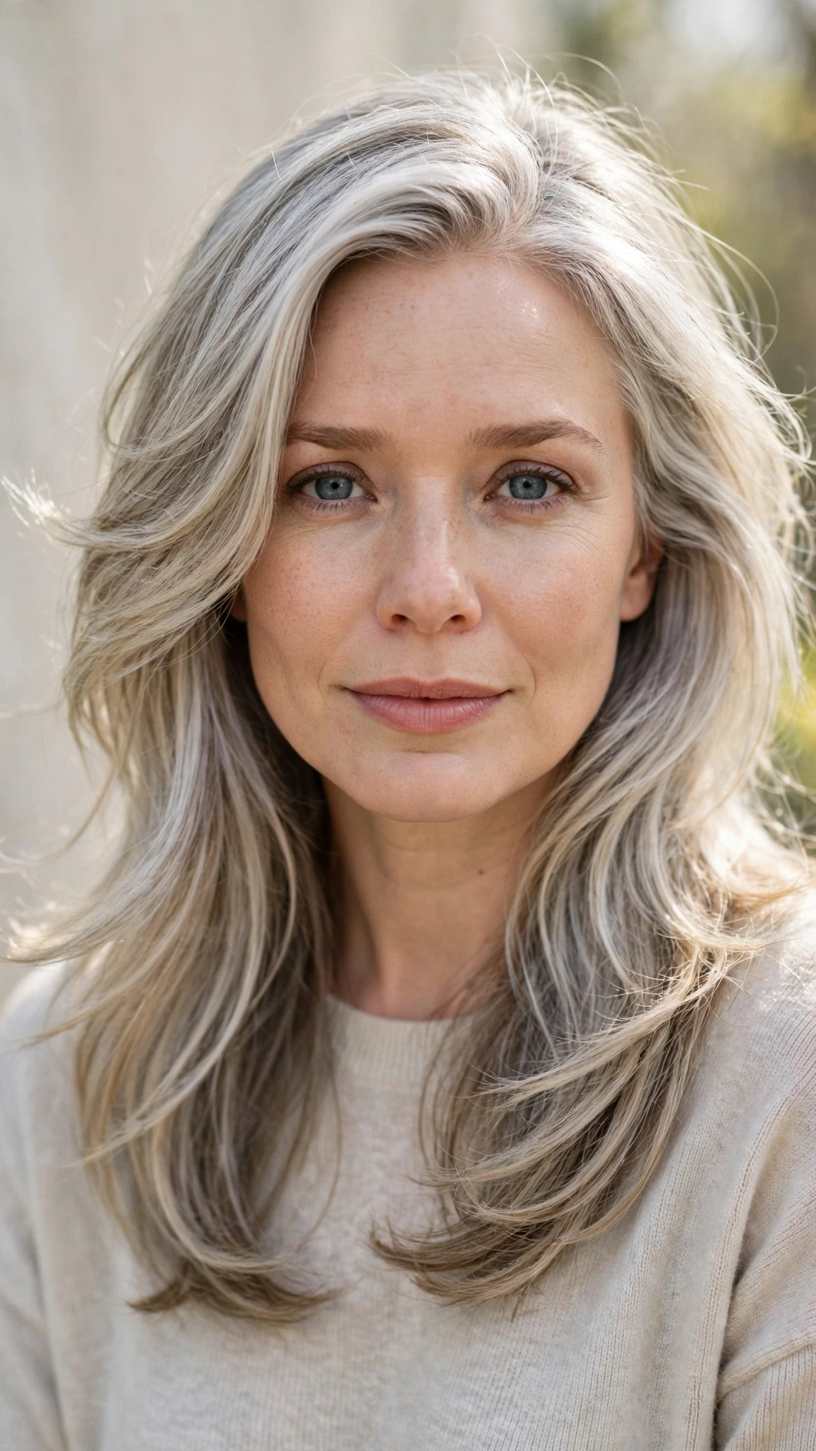Olsen Tuck Hairstyles For Spring With Hair Tucked Behind The Ears With Airy Feathered Movement, Long Soft Layers And Silver-Blended Brightness
