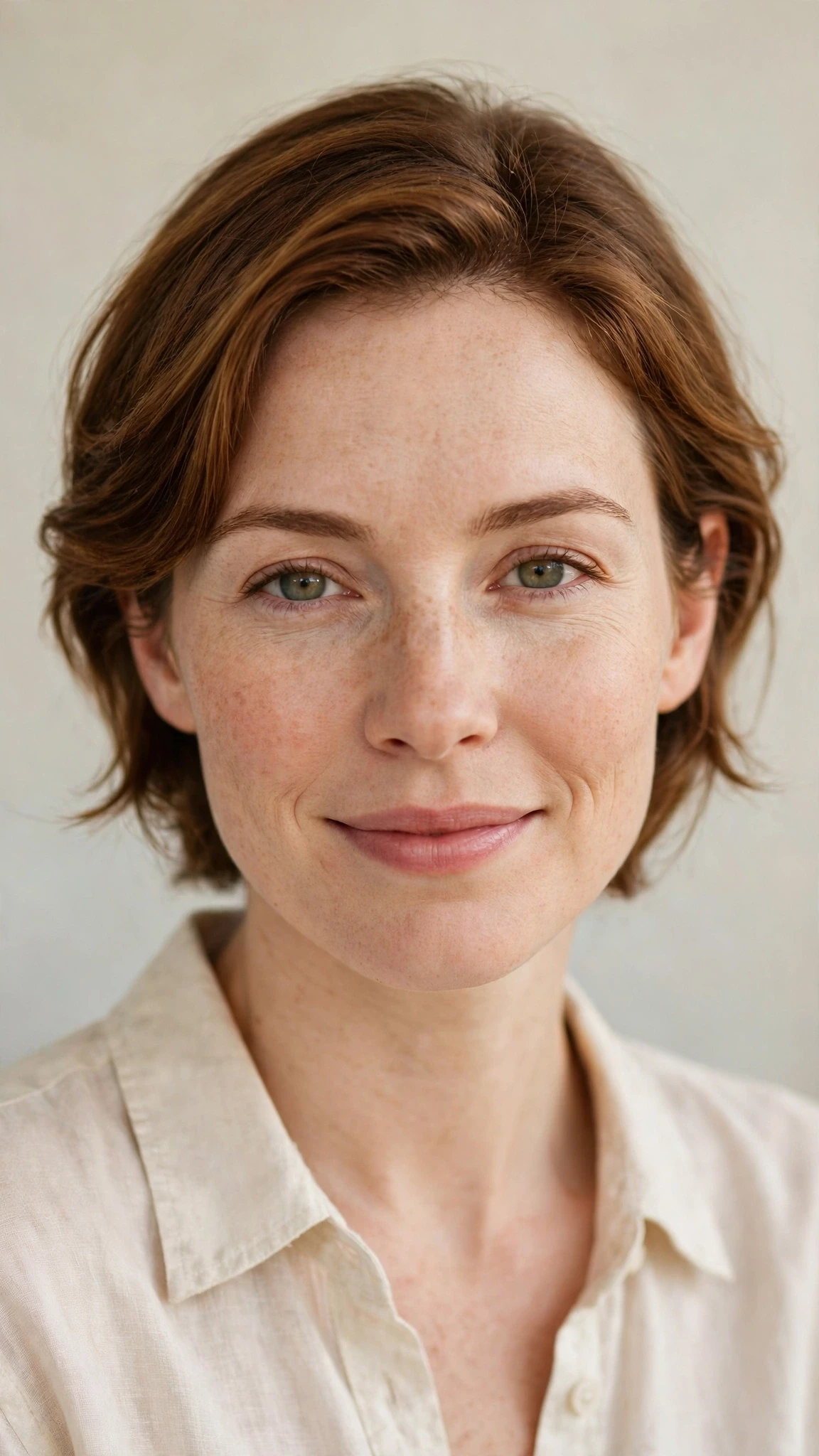 Olsen Tuck Hairstyles For Spring With Hair Tucked Behind The Ears With Gentle Tousled Texture, Face-Framing Layers And Warm Chestnut Warmth