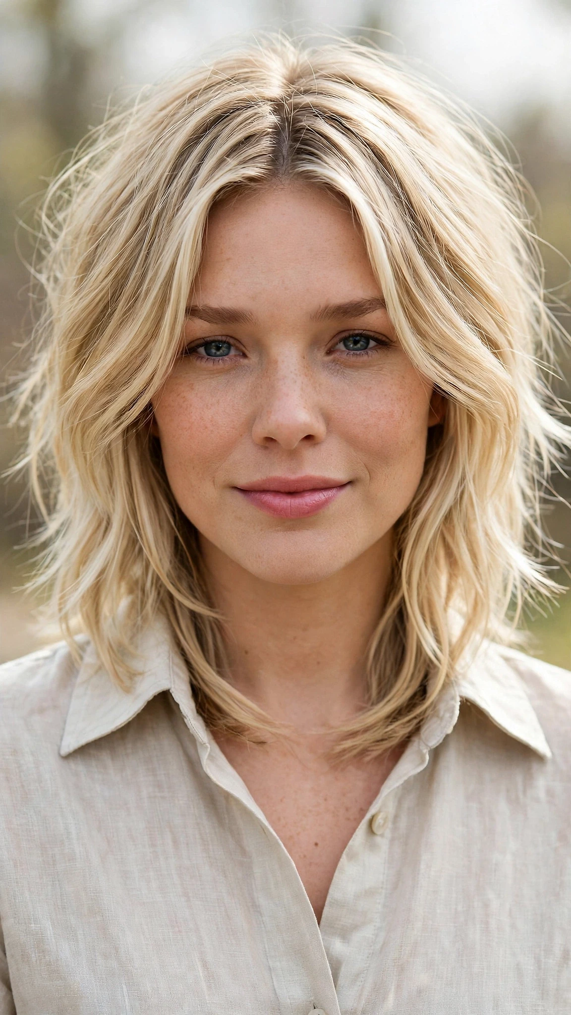 18 Olsen tuck hairstyles for spring with layered hair tucked into a collar That Are Chic, Fresh and Flattering 7 Olsen Tuck Hairstyles For Spring With Layered Hair Tucked Into A Collar With Gentle Tousled Texture, Face-Framing Layers And Delicate Blonde Dimension