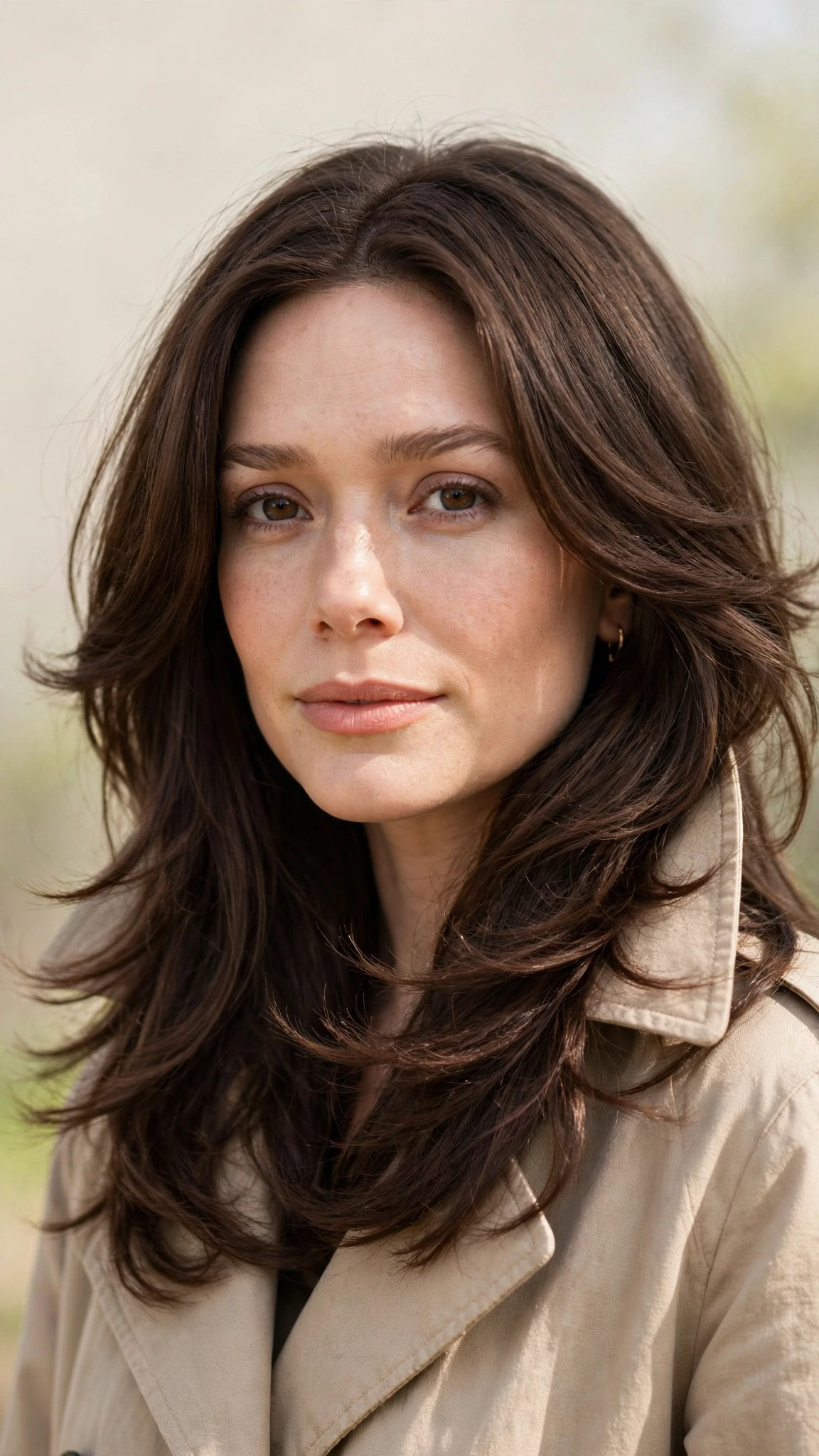 18 Olsen tuck hairstyles for spring with layered hair tucked into a collar That Are Chic, Fresh and Flattering 12 Olsen Tuck Hairstyles For Spring With Layered Hair Tucked Into A Collar With Airy Feathered Movement, Long Soft Layers And Rich Chocolate Depth
