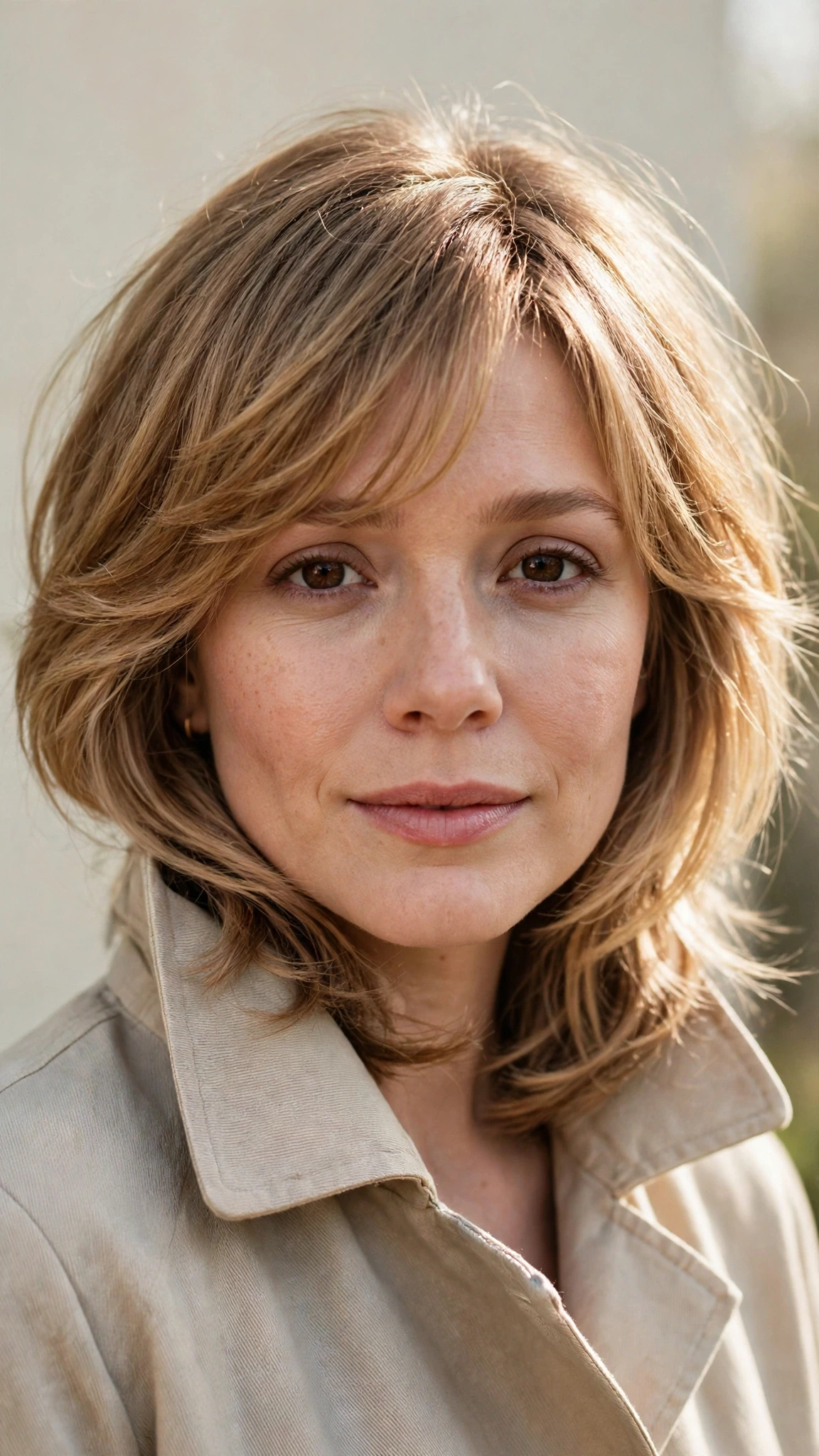 18 Olsen tuck hairstyles for spring with layered hair tucked into a collar That Are Chic, Fresh and Flattering 15 Olsen Tuck Hairstyles For Spring With Layered Hair Tucked Into A Collar With Gentle Tousled Texture, A Soft Side-Swept Fringe And Sunlit Dimension
