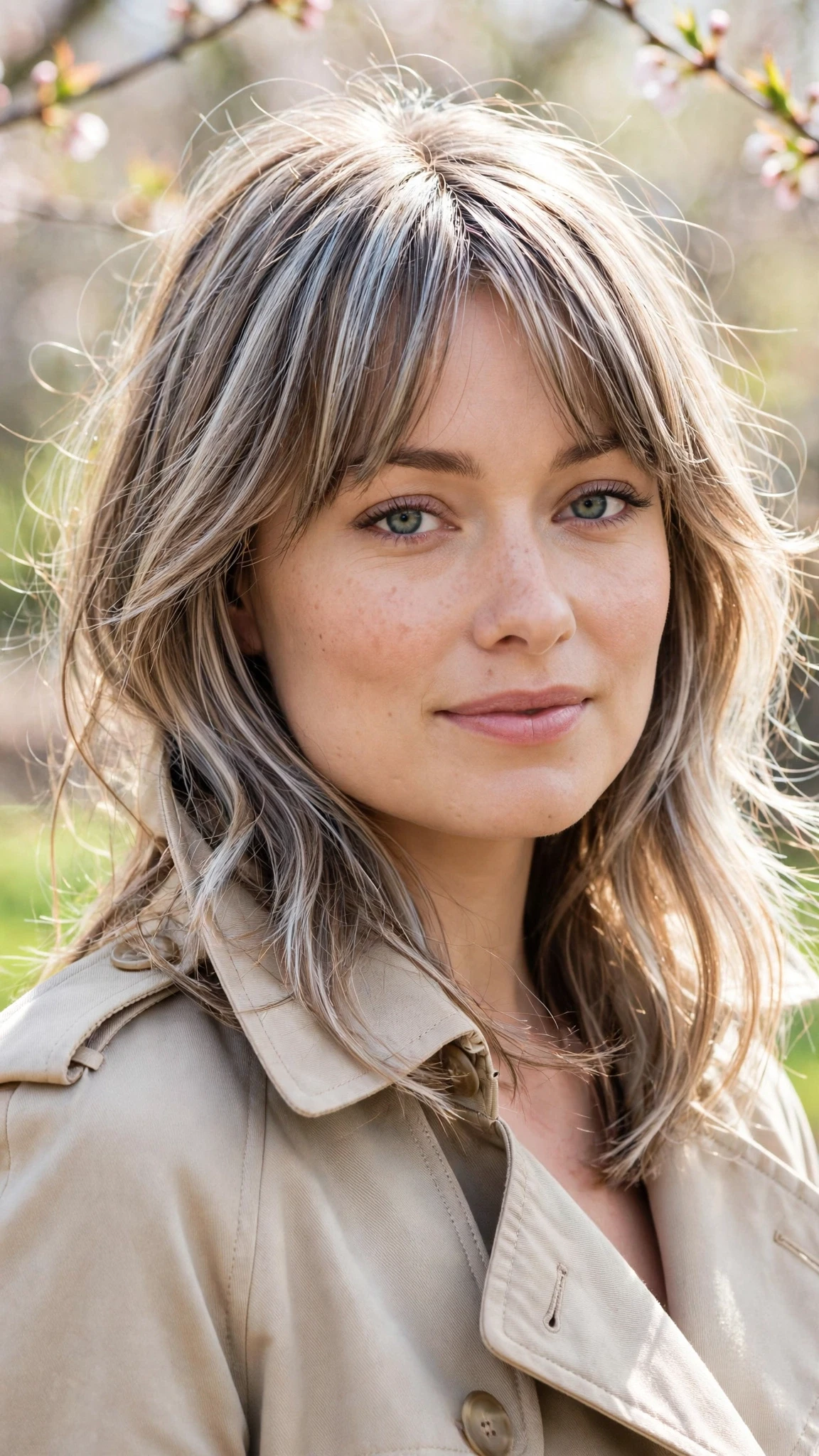 18 Olsen tuck hairstyles for spring with layered hair tucked into a collar That Are Chic, Fresh and Flattering 18 Olsen Tuck Hairstyles For Spring With Layered Hair Tucked Into A Collar With Delicate Natural Movement, Wispy Pieces Around The Face And Silver-Blended Brightness