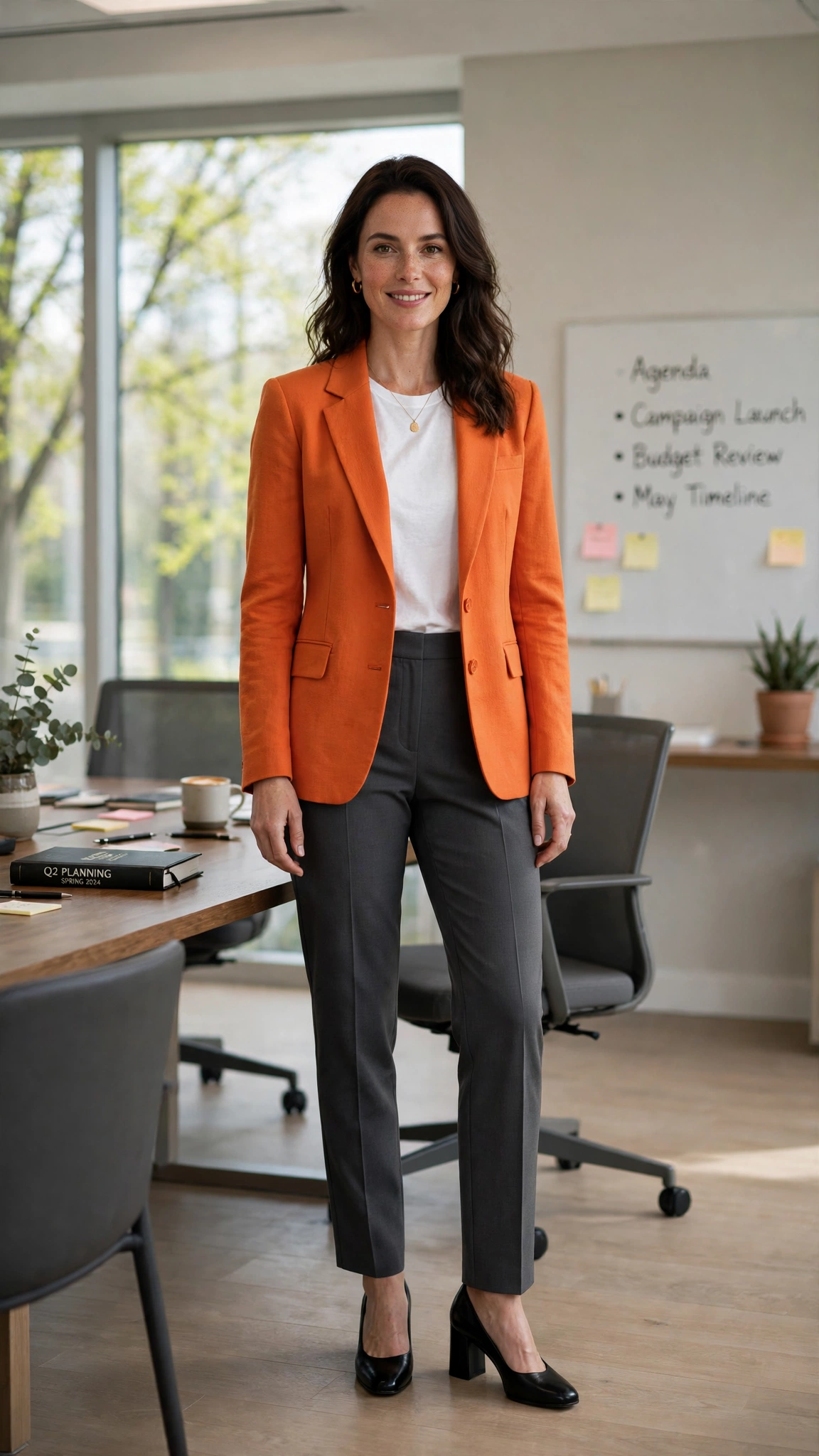 Tangerine Orange Blazer Outfit with charcoal trousers and block heels