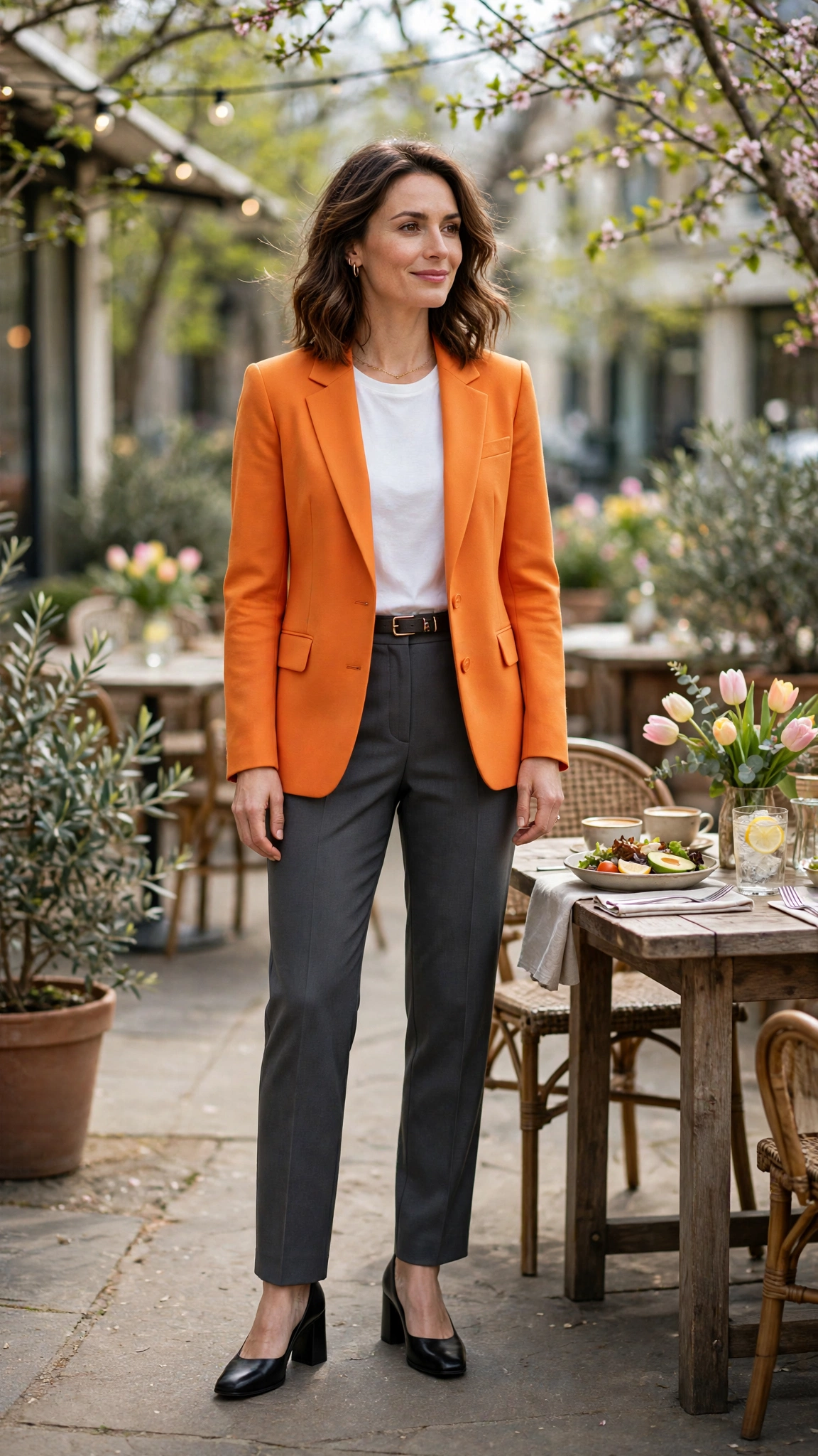 Mango Orange Orange Blazer Outfit with charcoal trousers and block heels