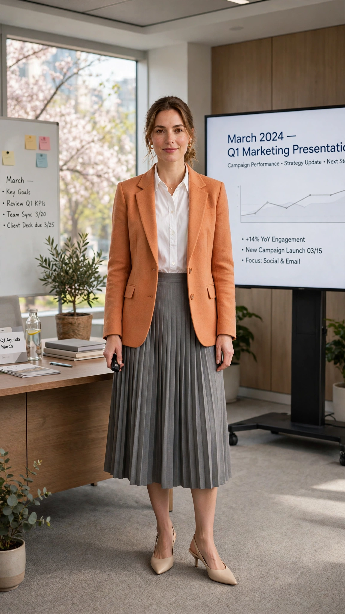 Apricot Orange Blazer Outfit with a grey midi skirt and slingbacks