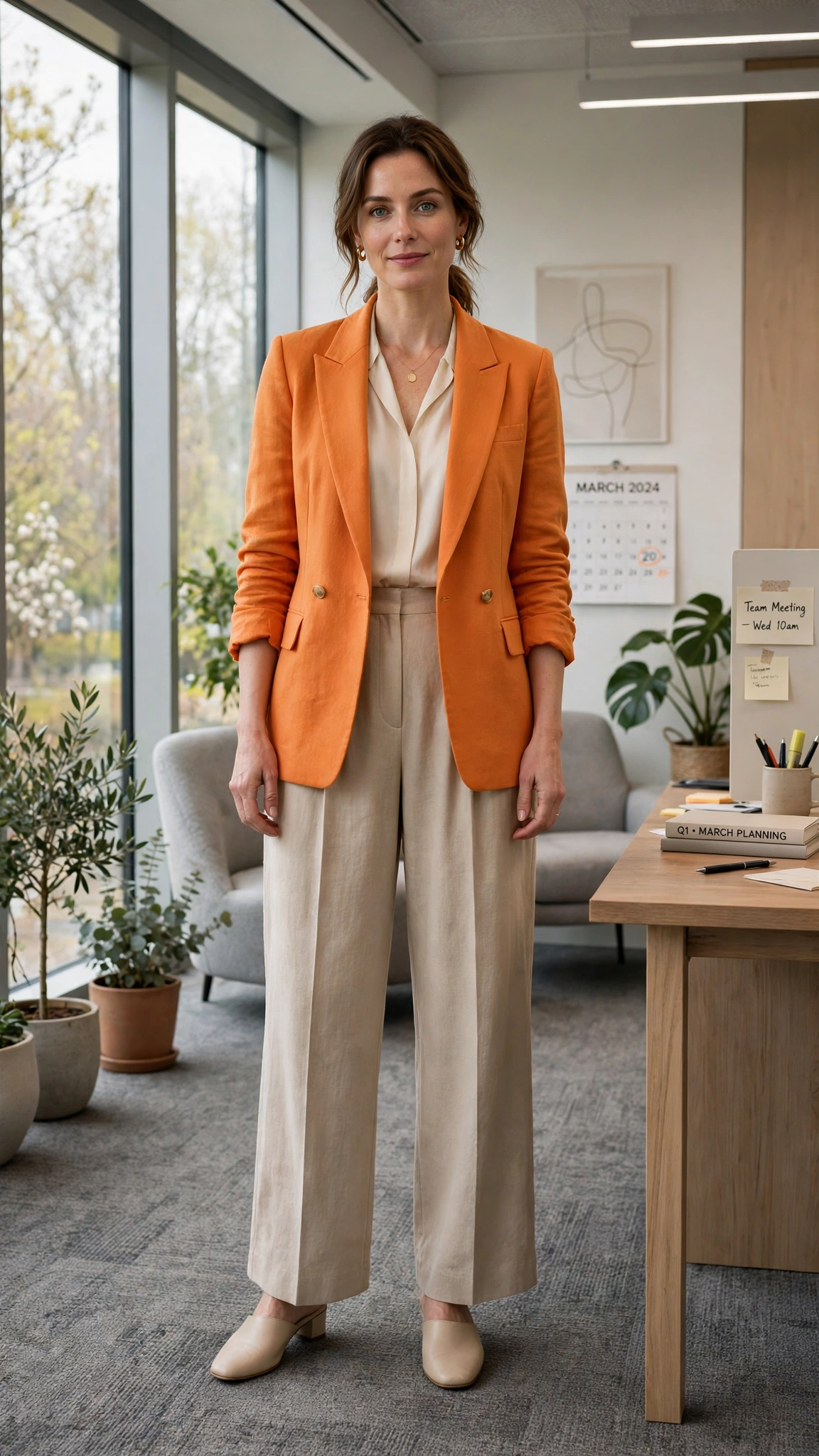 Mango Orange Orange Blazer Outfit with beige wide-leg trousers and mules
