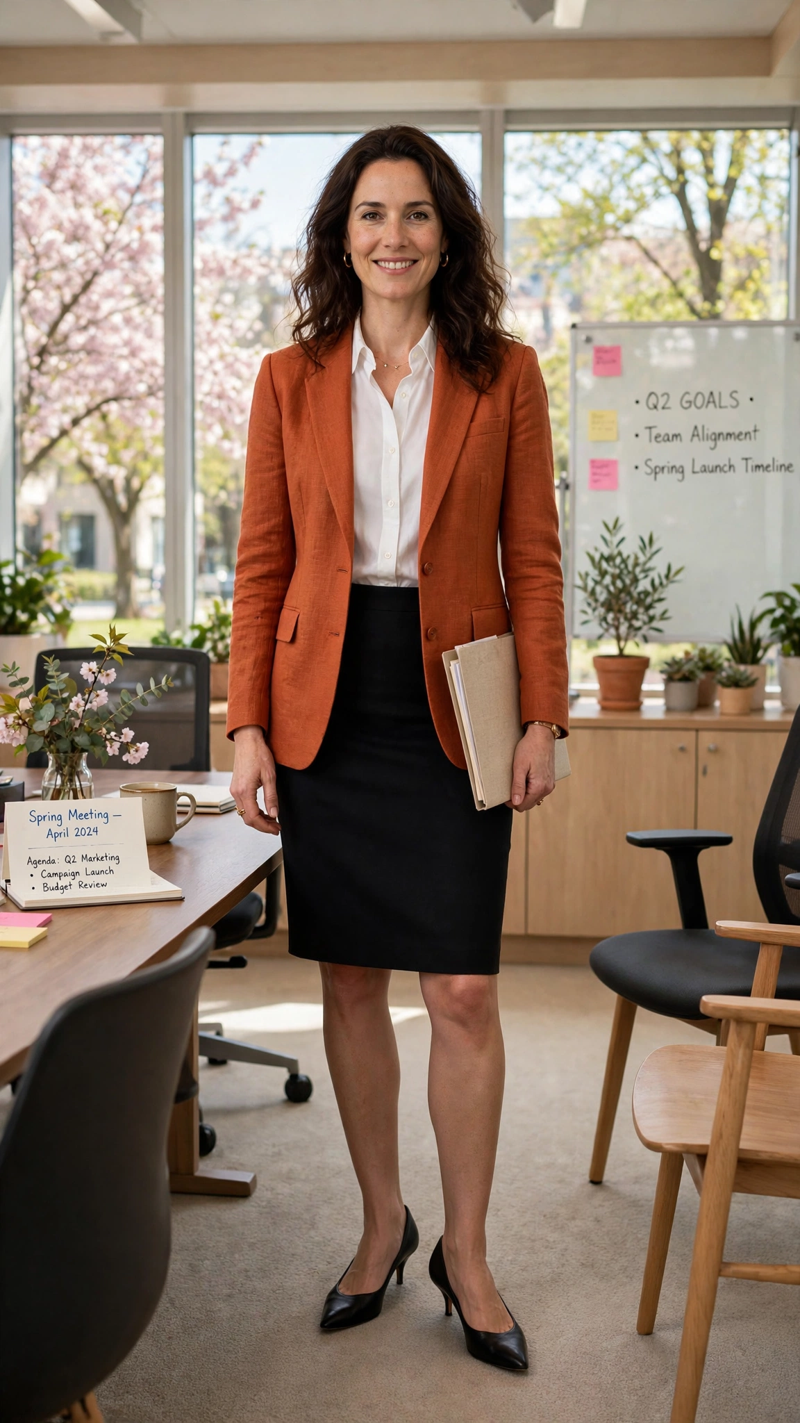 Terracotta Orange Blazer Outfit with a black pencil skirt and kitten heels