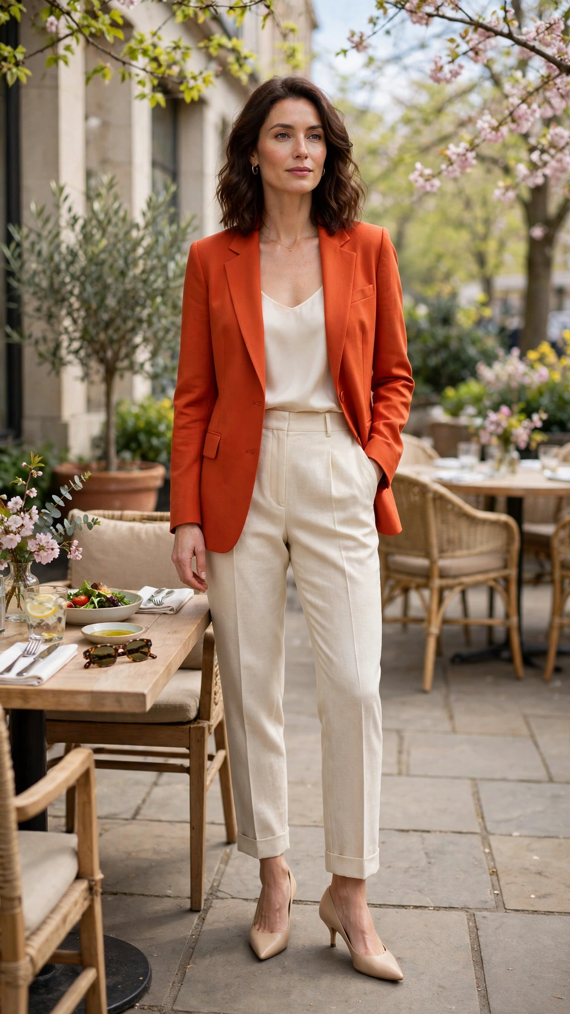 Blood Orange Orange Blazer Outfit with cream straight trousers and nude pumps