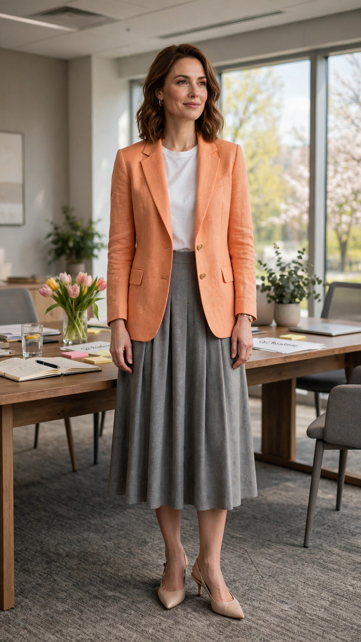 Peach Orange Orange Blazer Outfit with a grey midi skirt and slingbacks
