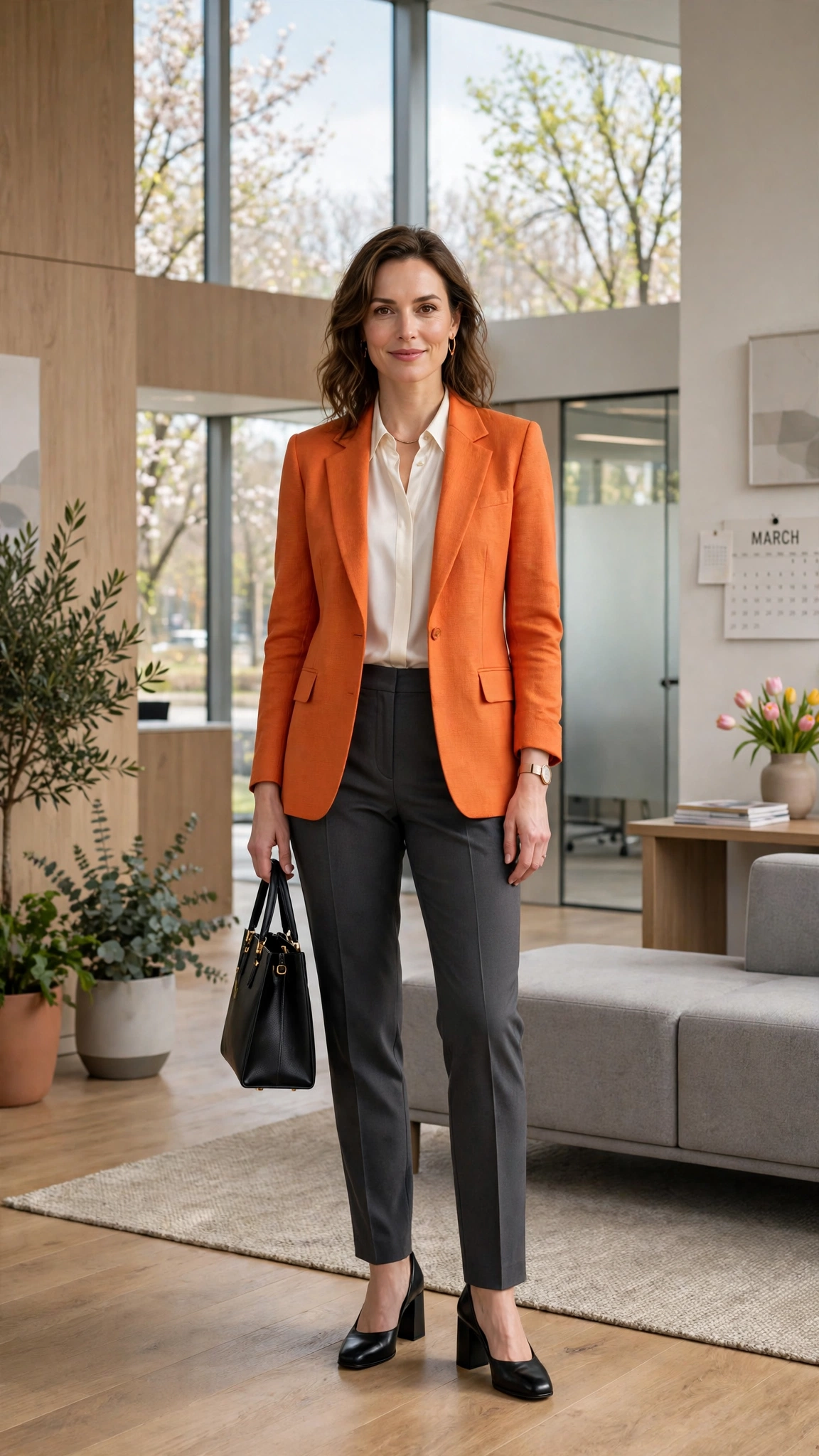Sunset Orange Orange Blazer Outfit with charcoal trousers and block heels