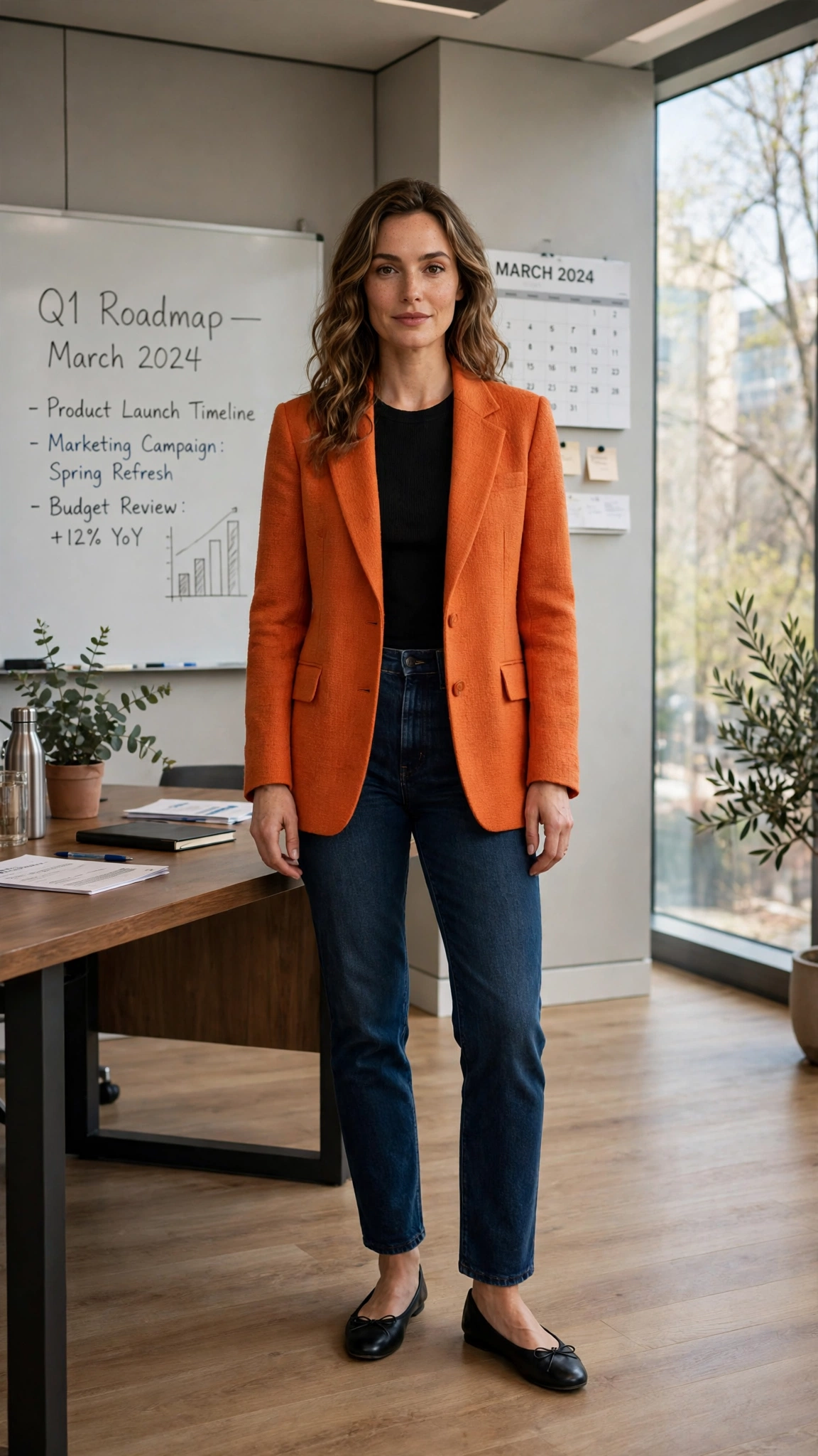 Sunset Orange Orange Blazer Outfit with dark jeans and ballet flats