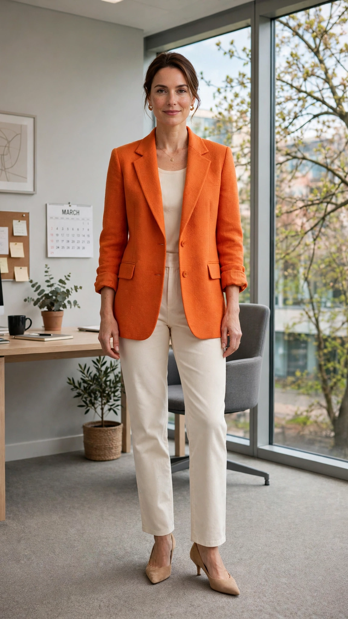 Sunset Orange Orange Blazer Outfit with cream straight trousers and nude pumps
