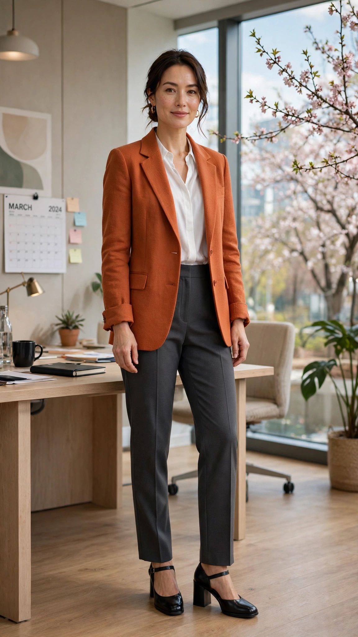 Terracotta Orange Blazer Outfit with charcoal trousers and block heels