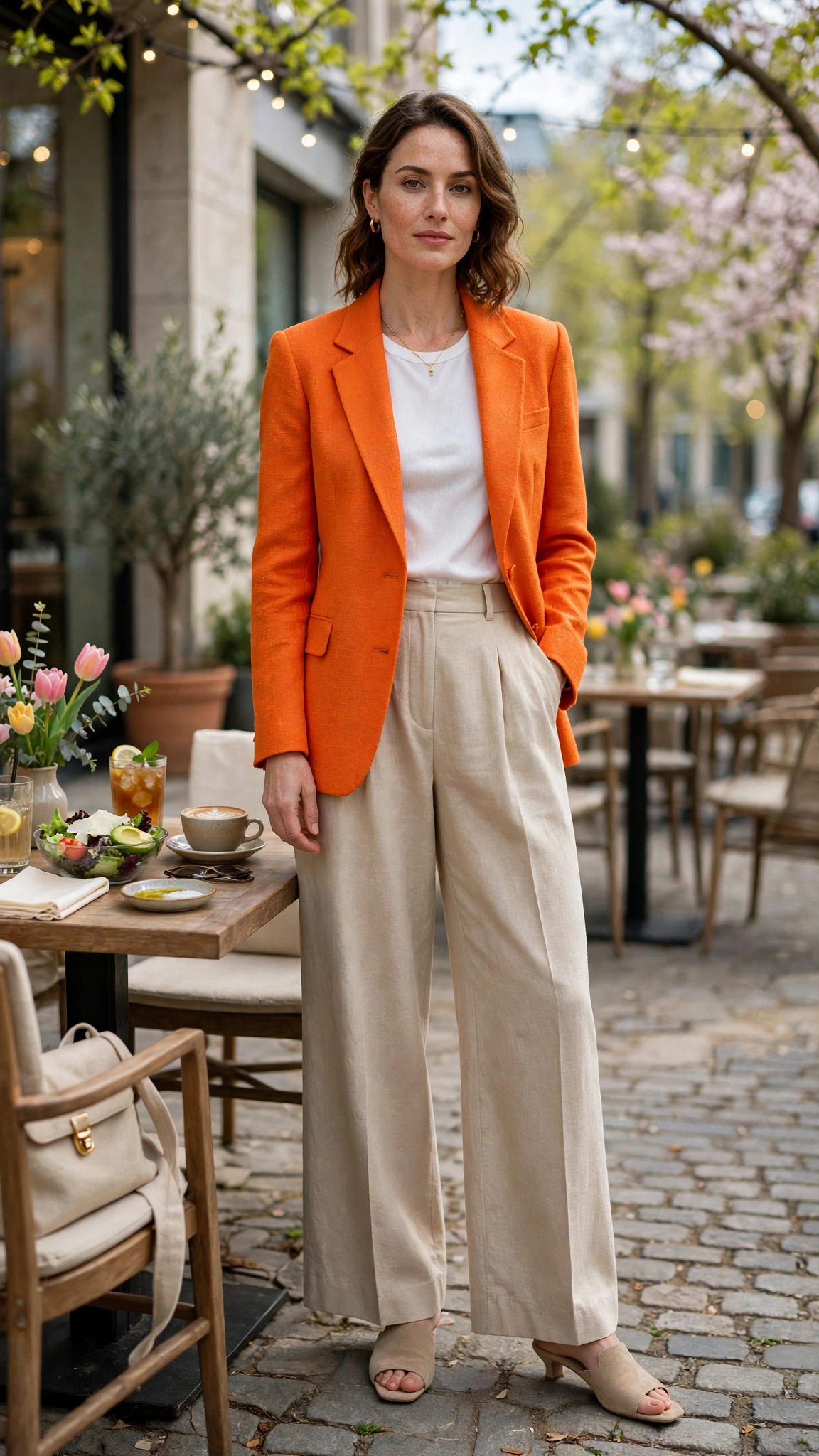 Marigold Orange Blazer Outfit with beige wide-leg trousers and mules