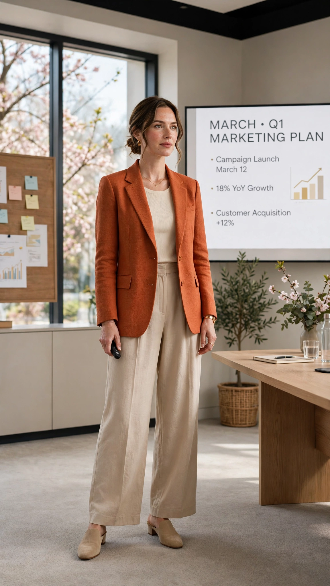 Terracotta Orange Blazer Outfit with beige wide-leg trousers and mules
