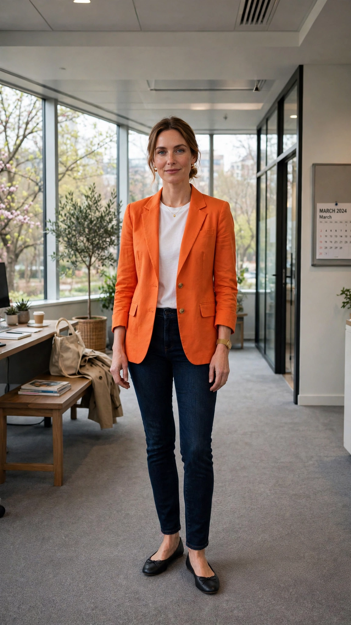 Tangerine Orange Blazer Outfit with dark jeans and ballet flats